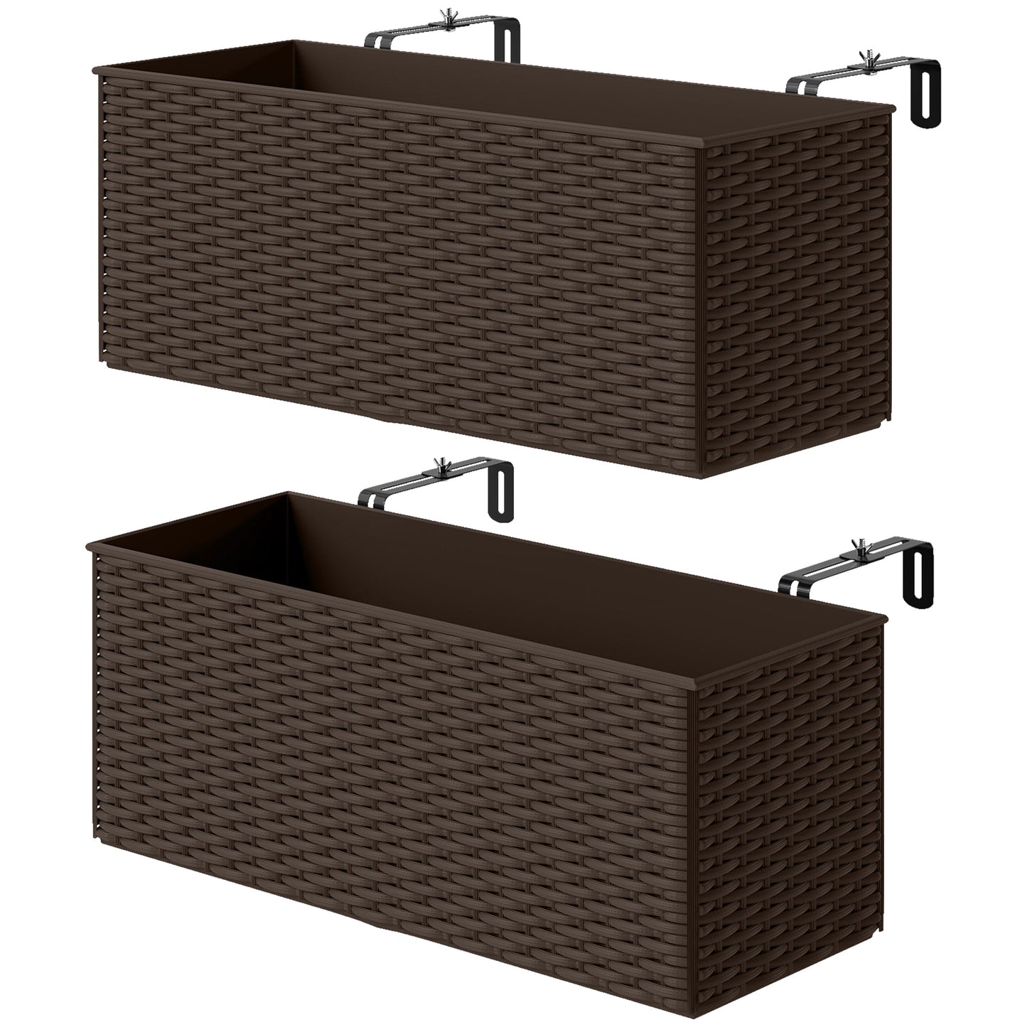2 Pack Railing Planter Box, 20 Inch Hanging Flower Pots with Hooks and Drainage Hole, Rectangular Planters for Fence, Balcony, Garden, Patio, Rattan Look, Brown