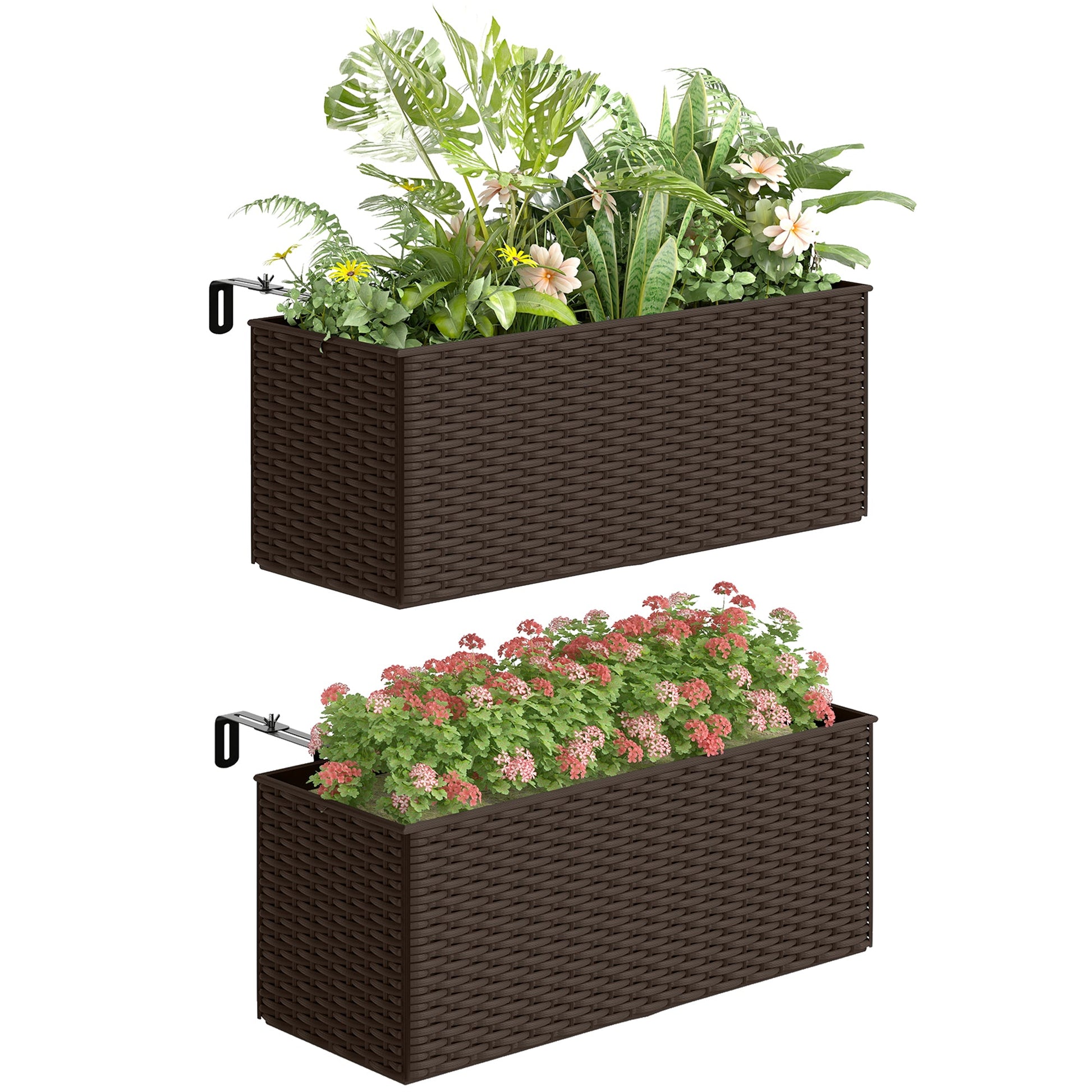 2 Pack Railing Planter Box, 20 Inch Hanging Flower Pots with Hooks and Drainage Hole, Rectangular Planters for Fence, Balcony, Garden, Patio, Rattan Look, Brown