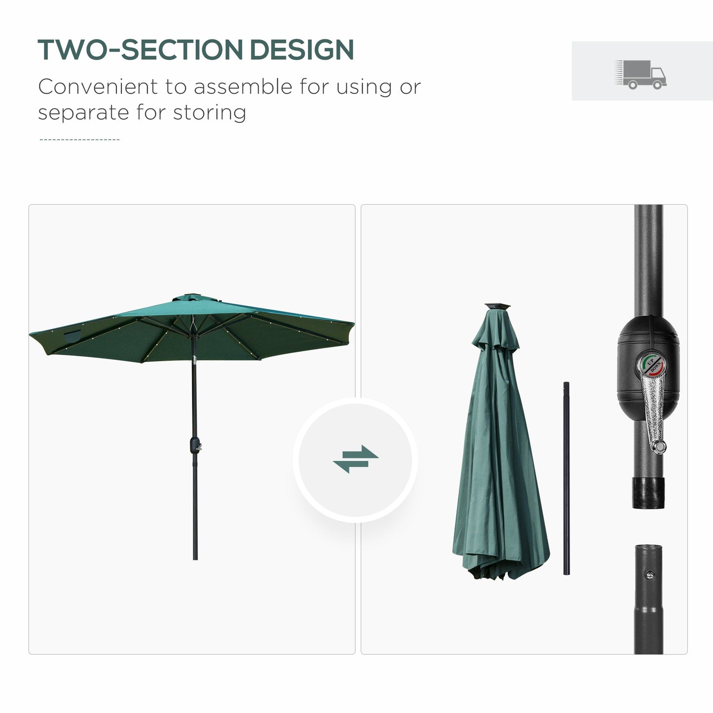 9ft Solar Patio Umbrella Outdoor Sunshade 24 LED Lights Tilt Canopy, Green