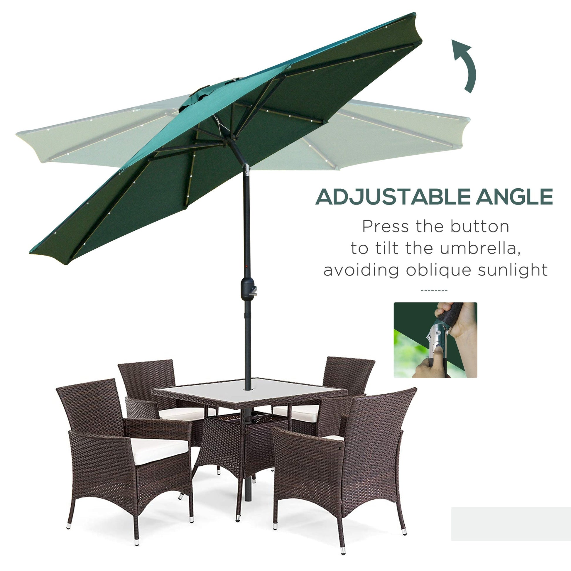 9ft Solar Patio Umbrella Outdoor Sunshade 24 LED Lights Tilt Canopy, Green