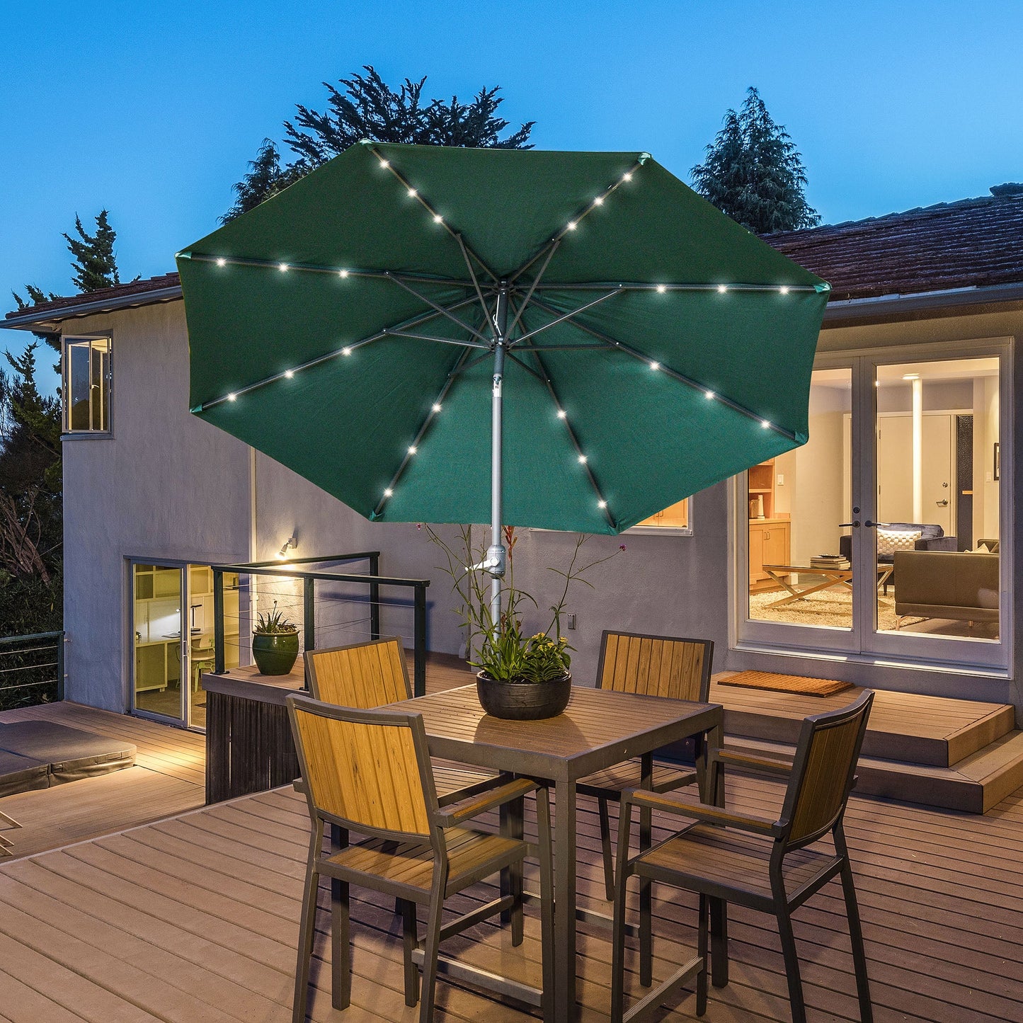 9ft Solar Patio Umbrella Outdoor Sunshade 24 LED Lights Tilt Canopy, Green