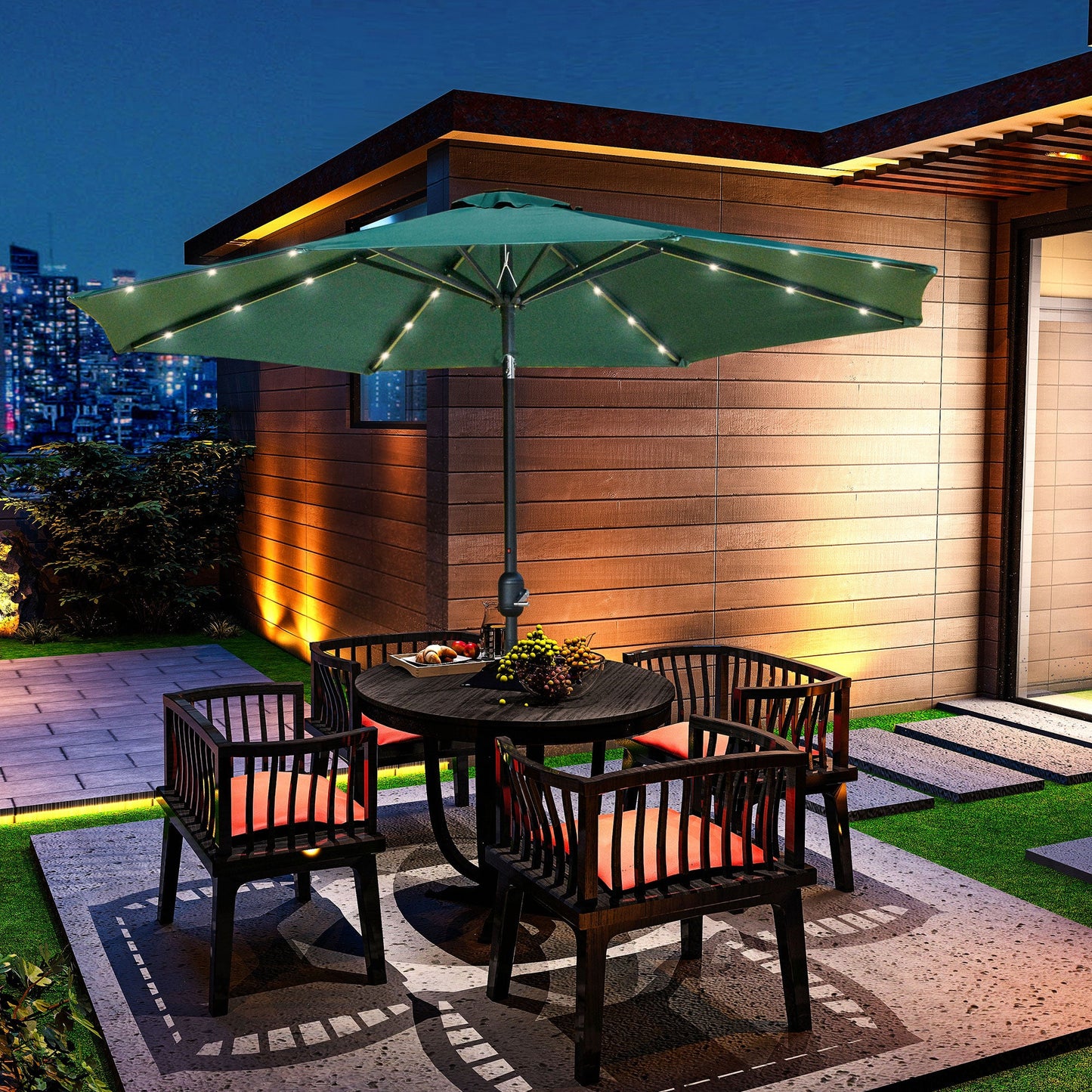 9ft Solar Patio Umbrella Outdoor Sunshade 24 LED Lights Tilt Canopy, Green