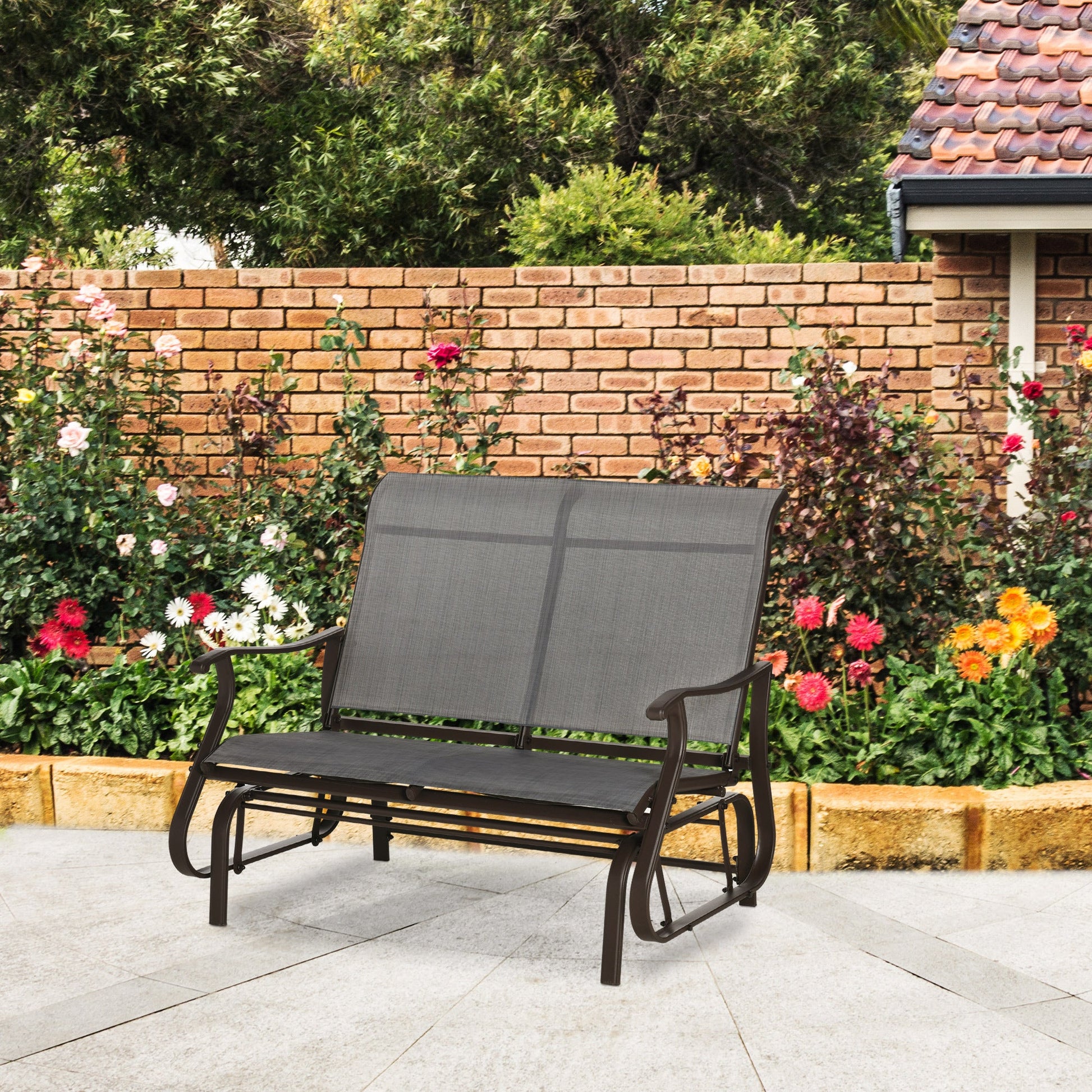 2-Person Outdoor Glider Chair, Patio Glider Rocking Chair with Mesh Seat and Backrest, Steel Frame for Outdoor, Backyard, Dark Grey