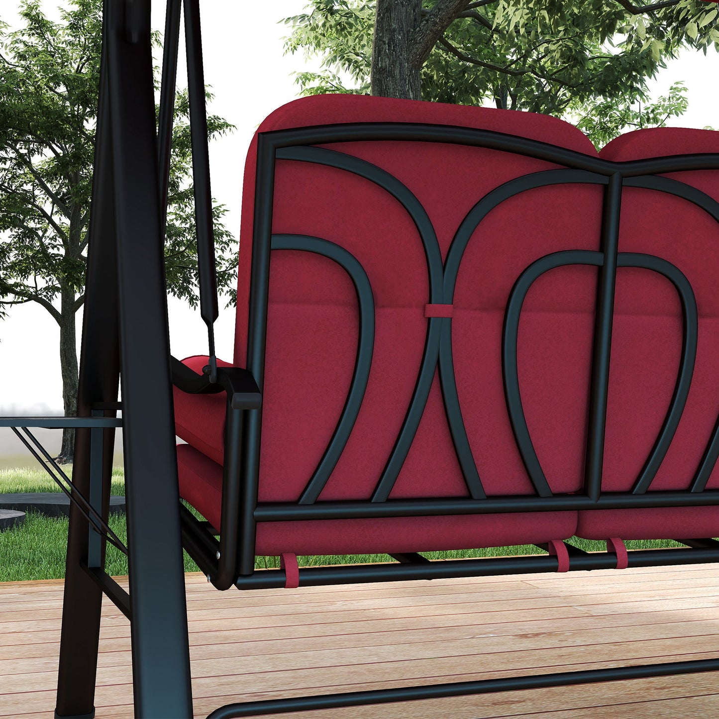 3 Seater Porch Swing Heavy Duty Outdoor Swing Chair Outdoor Lounge Hammock Cushioned Seat w/ Tilt Canopy, Wine Red