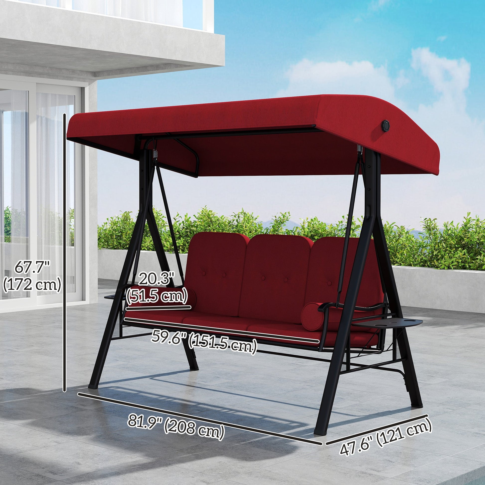 3 Seater Porch Swing Heavy Duty Outdoor Swing Chair Outdoor Lounge Hammock Cushioned Seat w/ Tilt Canopy, Wine Red