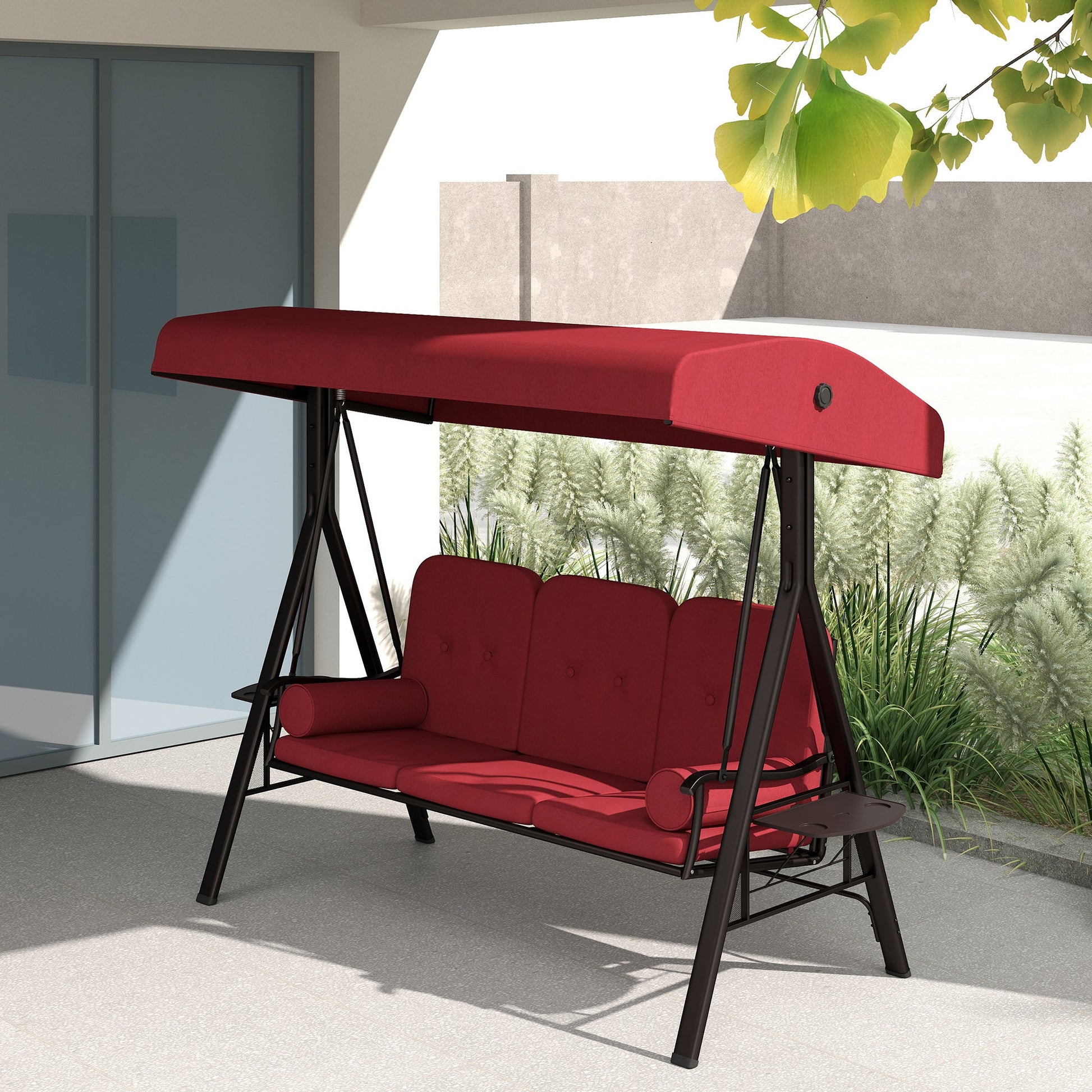 3 Seater Porch Swing Heavy Duty Outdoor Swing Chair Outdoor Lounge Hammock Cushioned Seat w/ Tilt Canopy, Wine Red