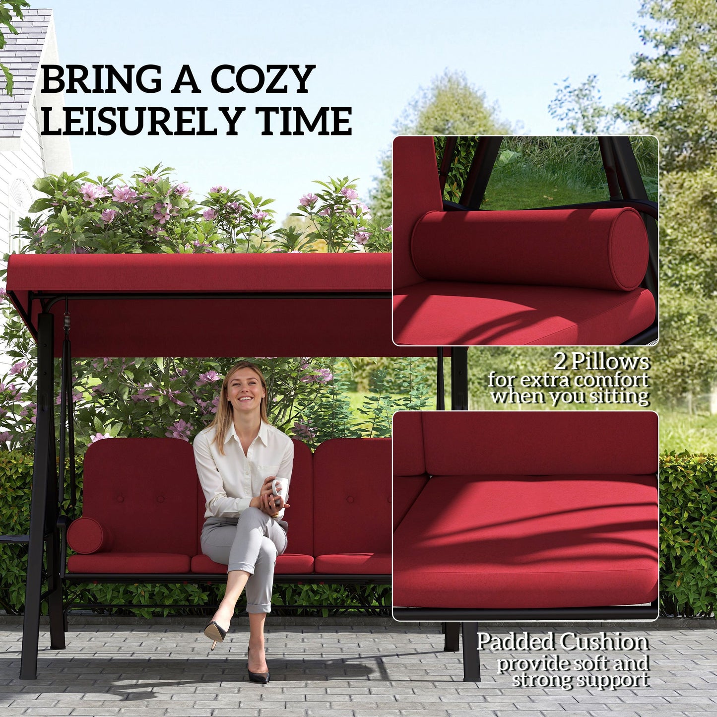 3 Seater Porch Swing Heavy Duty Outdoor Swing Chair Outdoor Lounge Hammock Cushioned Seat w/ Tilt Canopy, Wine Red