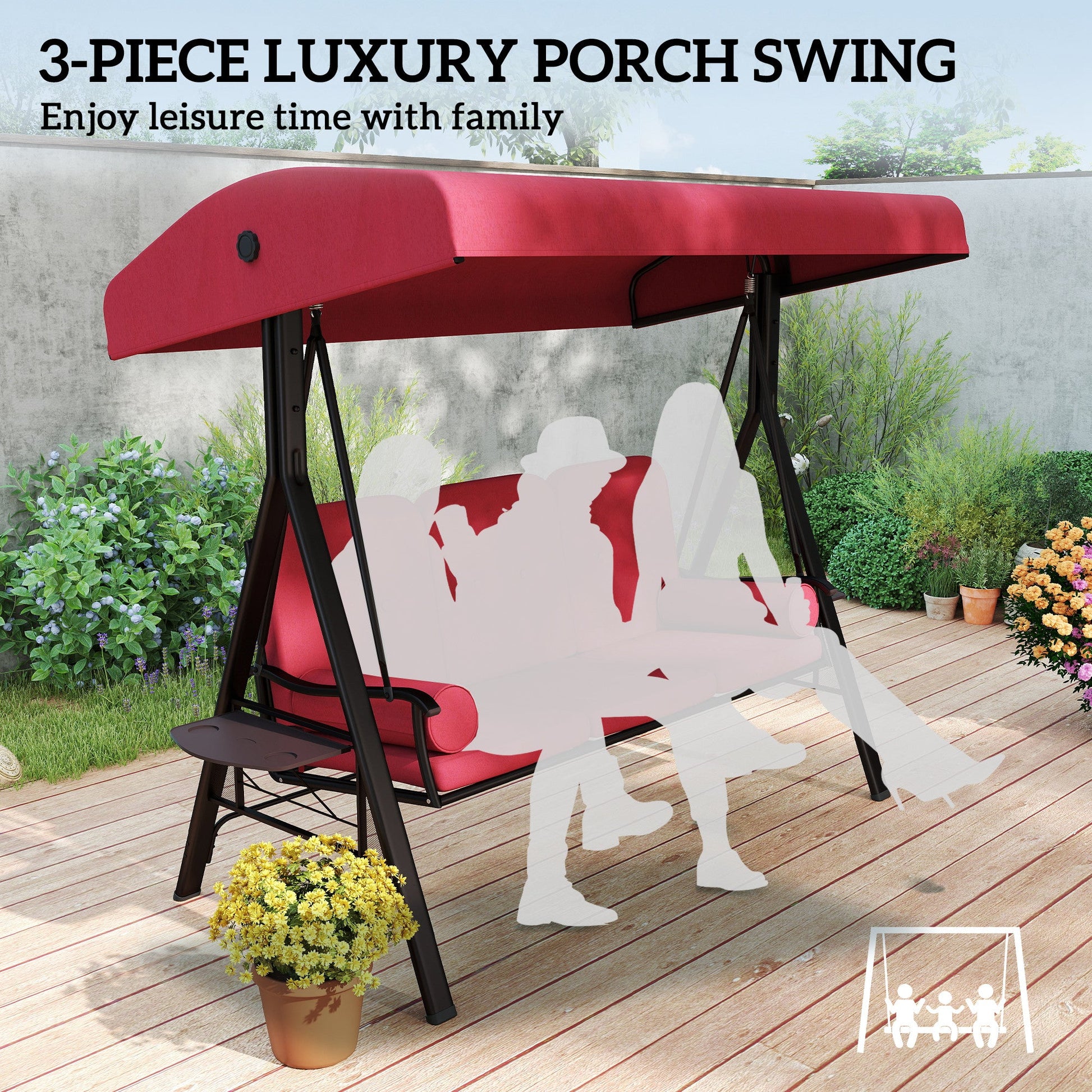 3 Seater Porch Swing Heavy Duty Outdoor Swing Chair Outdoor Lounge Hammock Cushioned Seat w/ Tilt Canopy, Wine Red