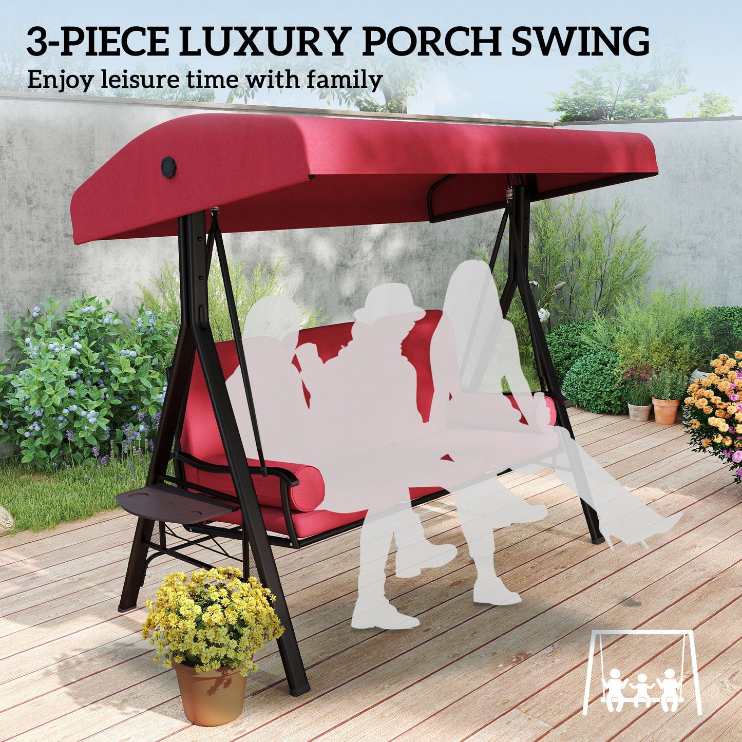 3 Seater Porch Swing Heavy Duty Outdoor Swing Chair Outdoor Lounge Hammock Cushioned Seat w/ Tilt Canopy, Wine Red