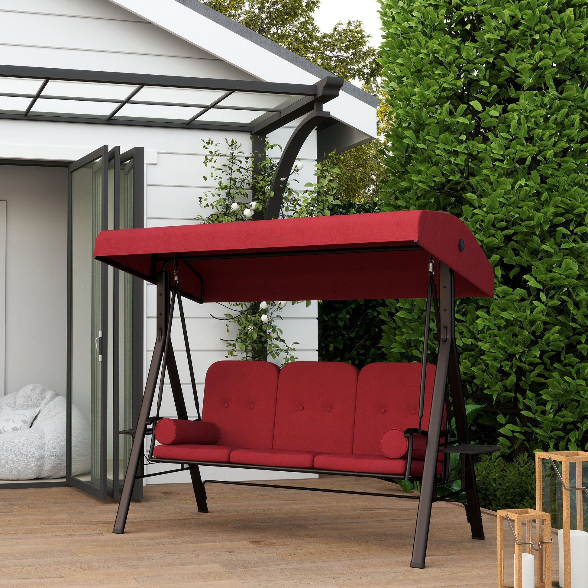3 Seater Porch Swing Heavy Duty Outdoor Swing Chair Outdoor Lounge Hammock Cushioned Seat w/ Tilt Canopy, Wine Red