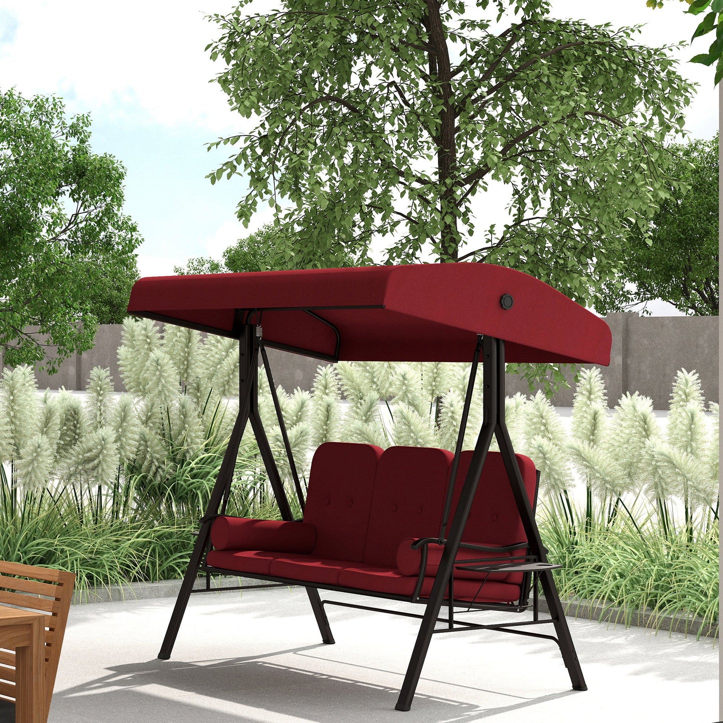 3 Seater Porch Swing Heavy Duty Outdoor Swing Chair Outdoor Lounge Hammock Cushioned Seat w/ Tilt Canopy, Wine Red