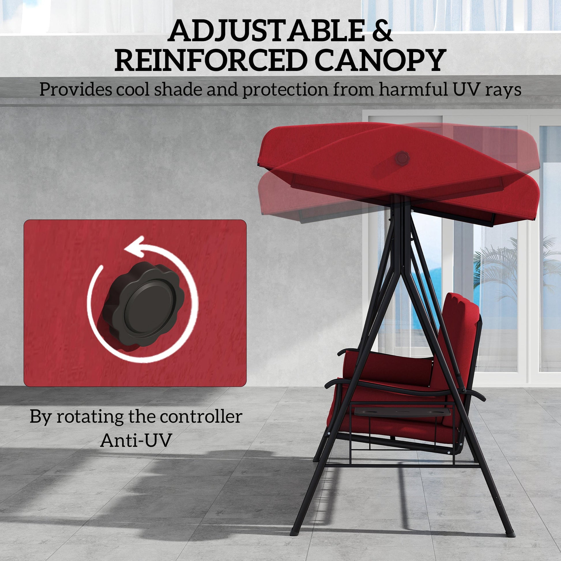 3 Seater Porch Swing Heavy Duty Outdoor Swing Chair Outdoor Lounge Hammock Cushioned Seat w/ Tilt Canopy, Wine Red