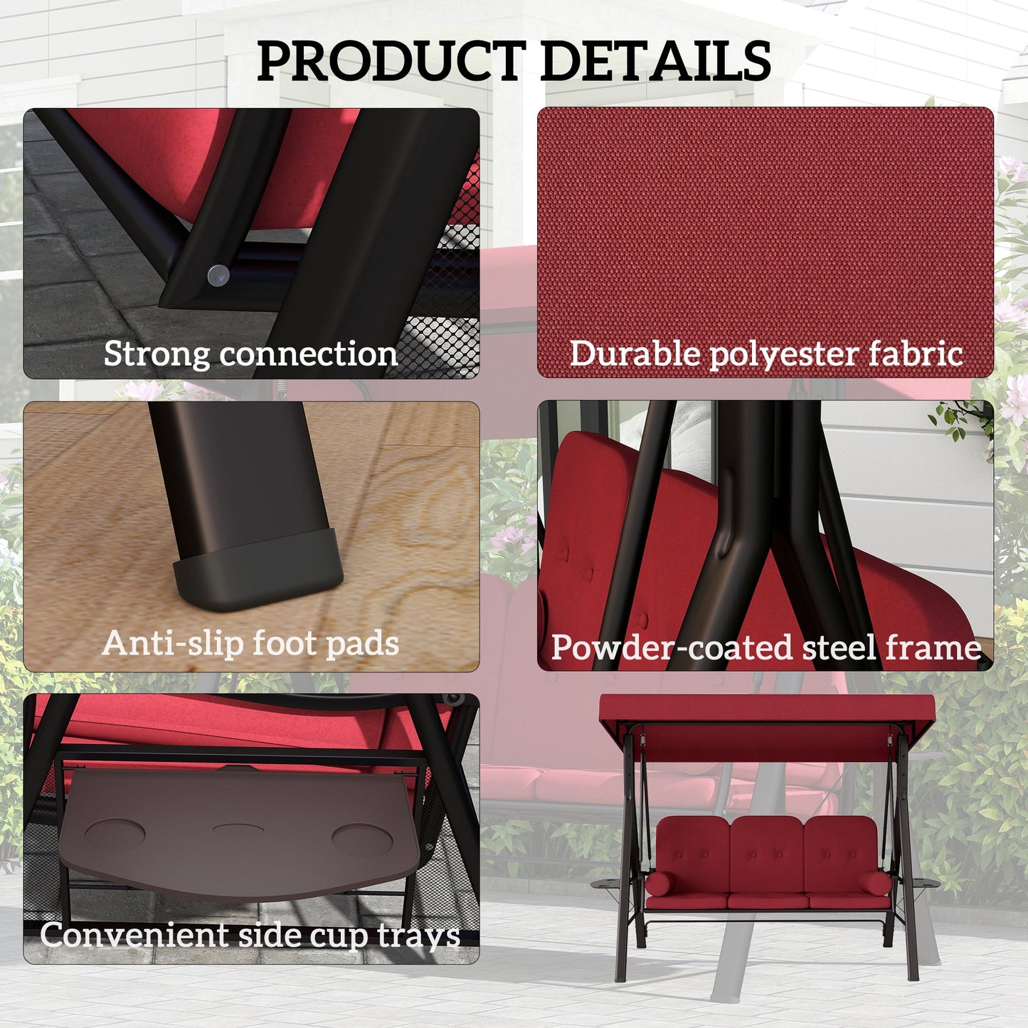 3 Seater Porch Swing Heavy Duty Outdoor Swing Chair Outdoor Lounge Hammock Cushioned Seat w/ Tilt Canopy, Wine Red