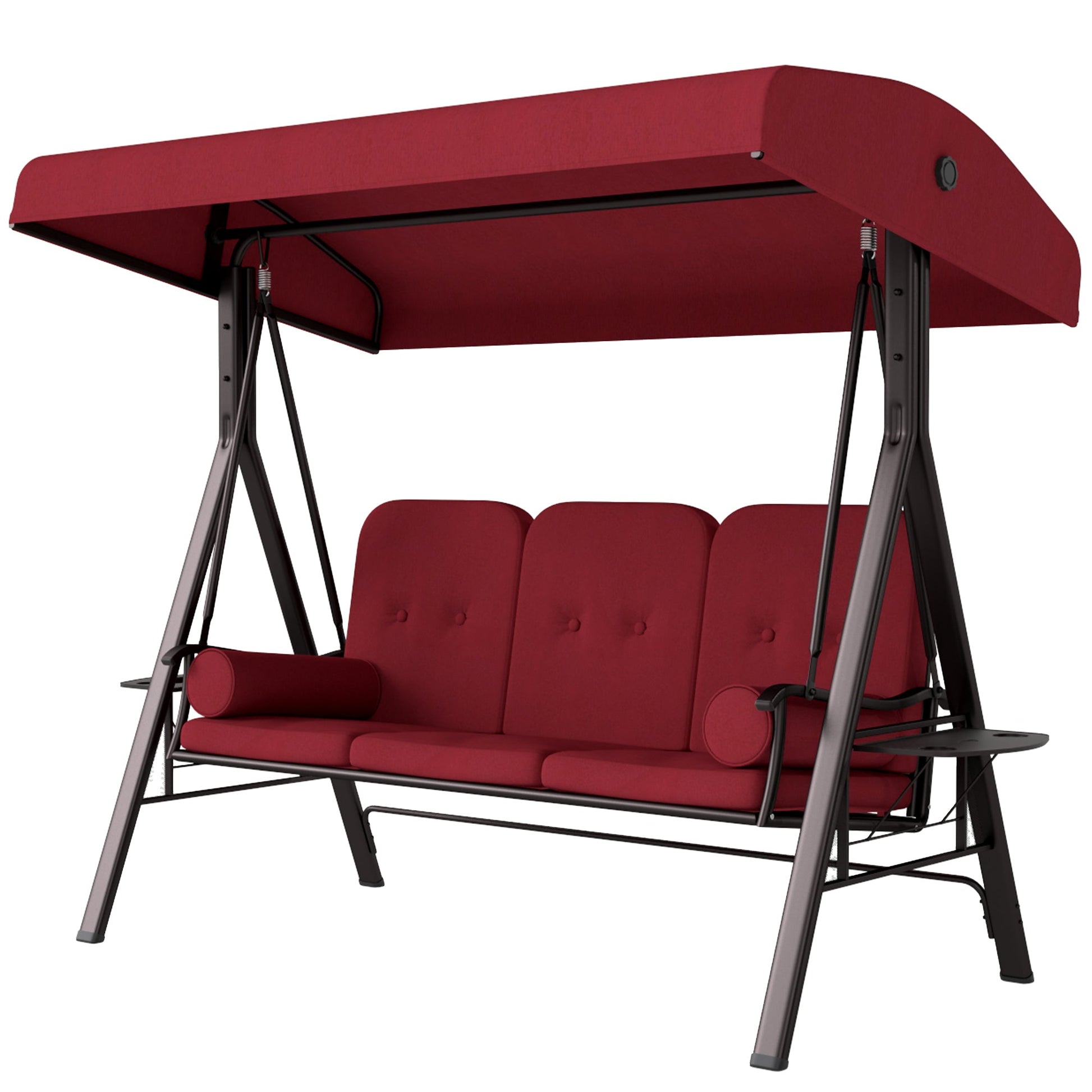 3 Seater Porch Swing Heavy Duty Outdoor Swing Chair Outdoor Lounge Hammock Cushioned Seat w/ Tilt Canopy, Wine Red