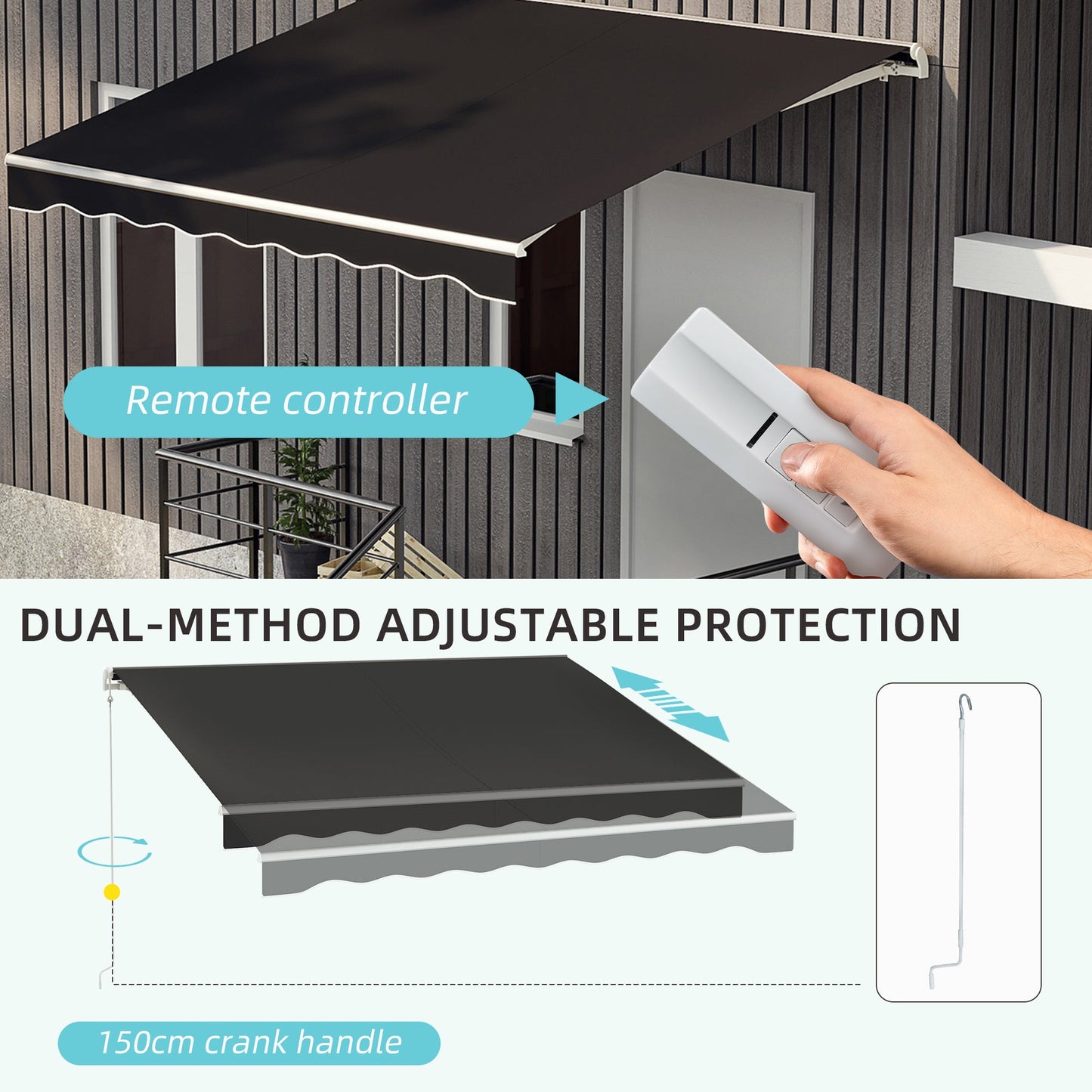 10' x 8' Electric Awning, Retractable Awning Sun Shade Shelter with Remote Controller, Manual Crank Handle and Aluminum Frame, for Deck, Balcony, Yard, Black