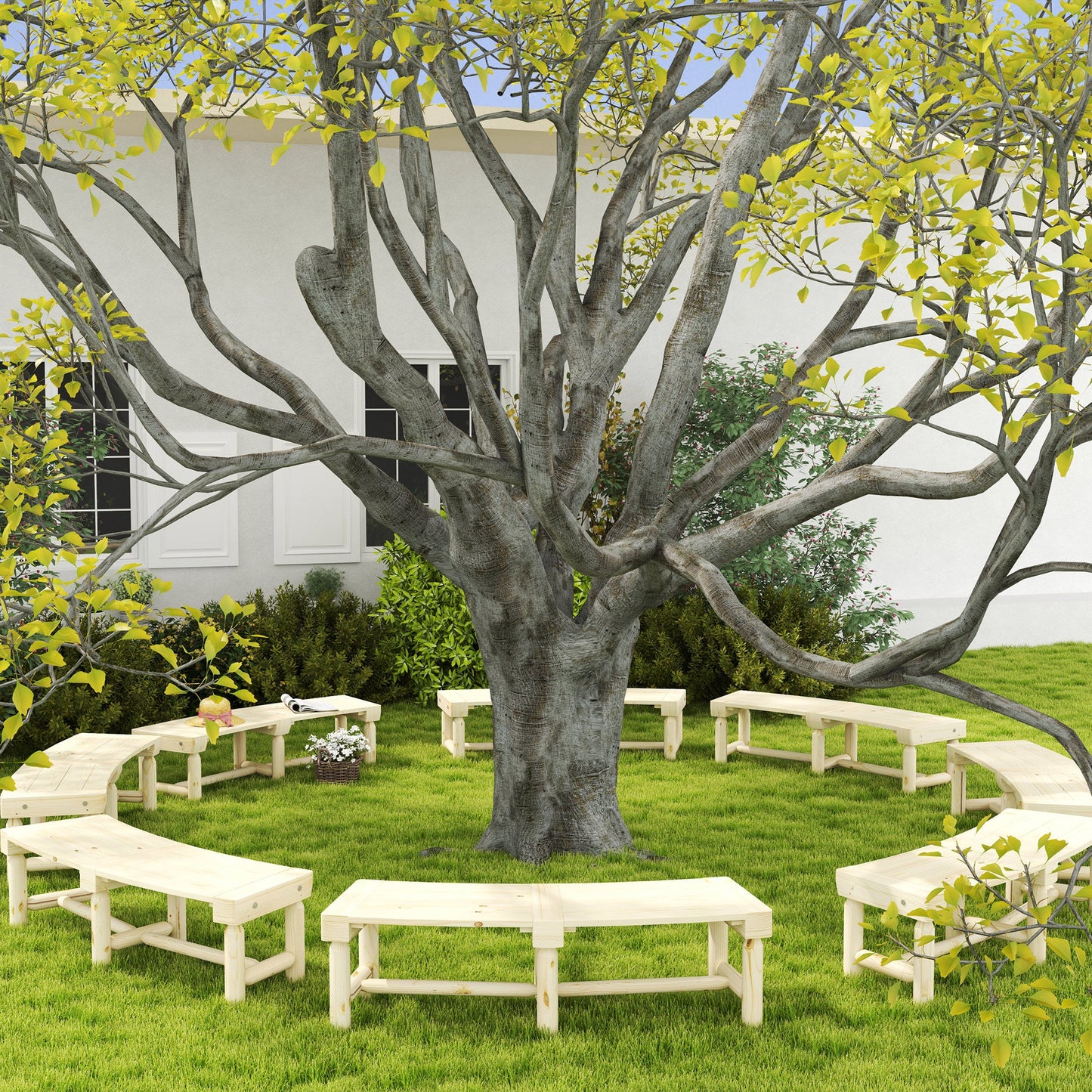 Wooden Outdoor Bench, Semicircular Round Patio Loveseat, Wrap Around Tree Bench with Slatted Seat for Yard, Garden, Deck, Lawn, Natural