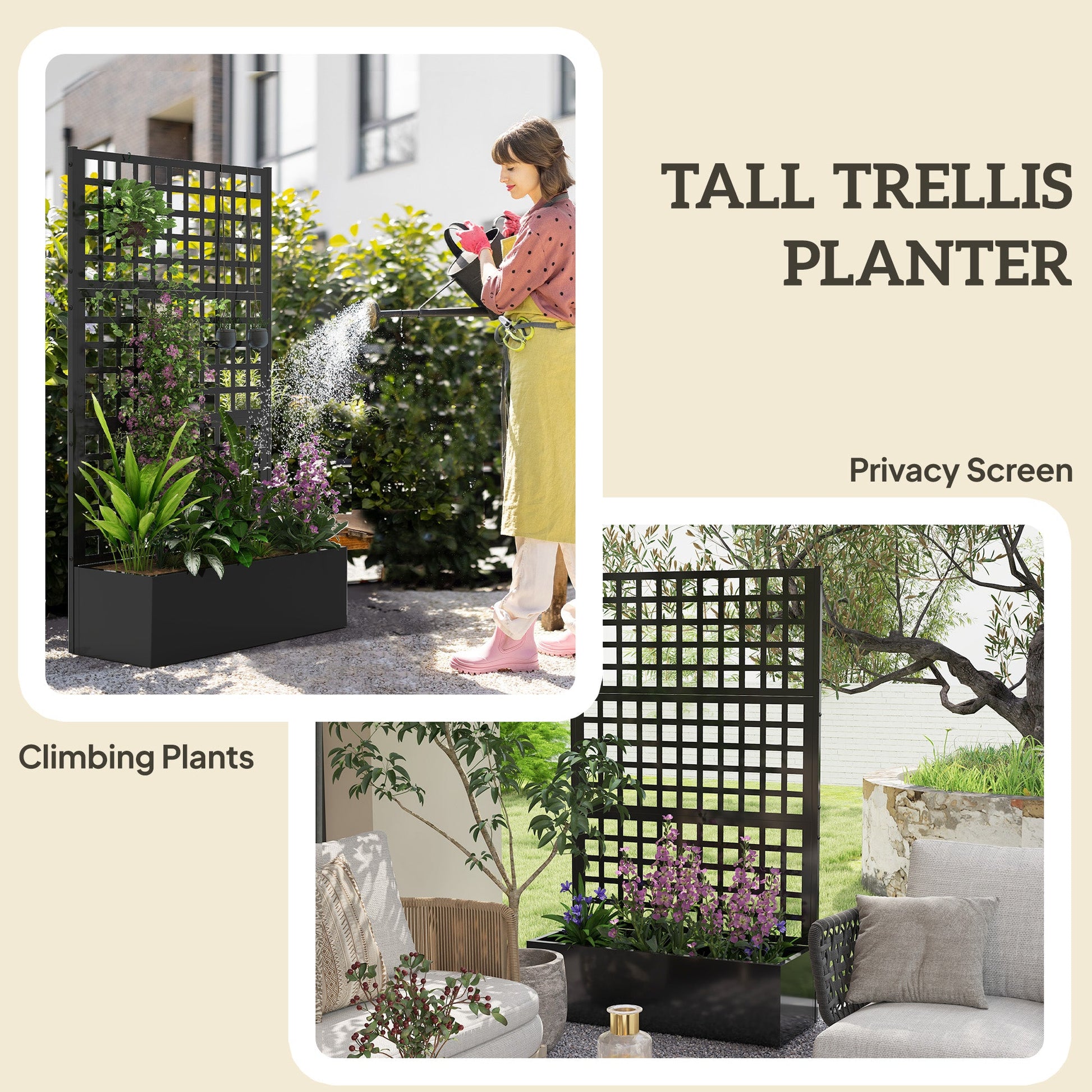 Galvanized Raised Garden Bed with Trellis, Metal Planter Box with Drainage Holes, Outdoor Privacy Screen for Climbing Plants, Vegetable, Vines, 43" x 16" x 70"