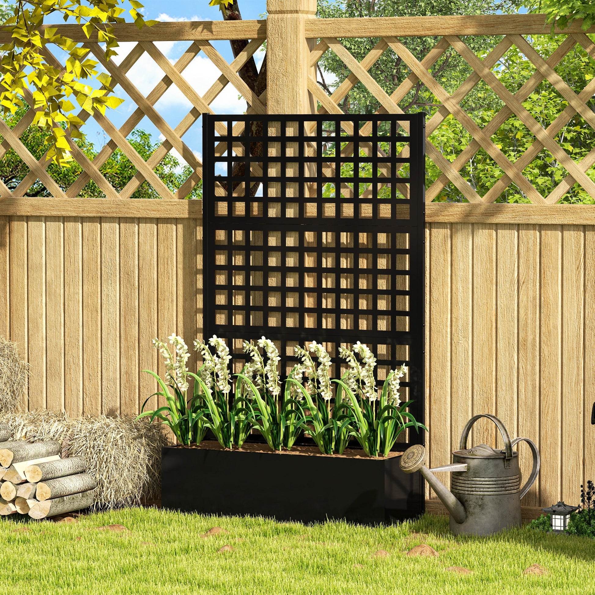 Galvanized Raised Garden Bed with Trellis, Metal Planter Box with Drainage Holes, Outdoor Privacy Screen for Climbing Plants, Vegetable, Vines, 43" x 16" x 70"
