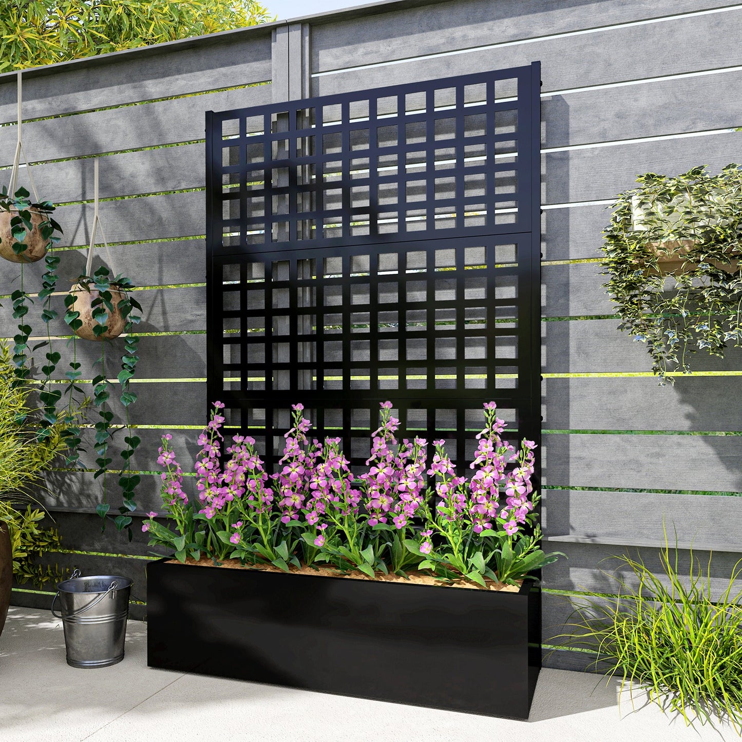 Galvanized Raised Garden Bed with Trellis, Metal Planter Box with Drainage Holes, Outdoor Privacy Screen for Climbing Plants, Vegetable, Vines, 43" x 16" x 70"