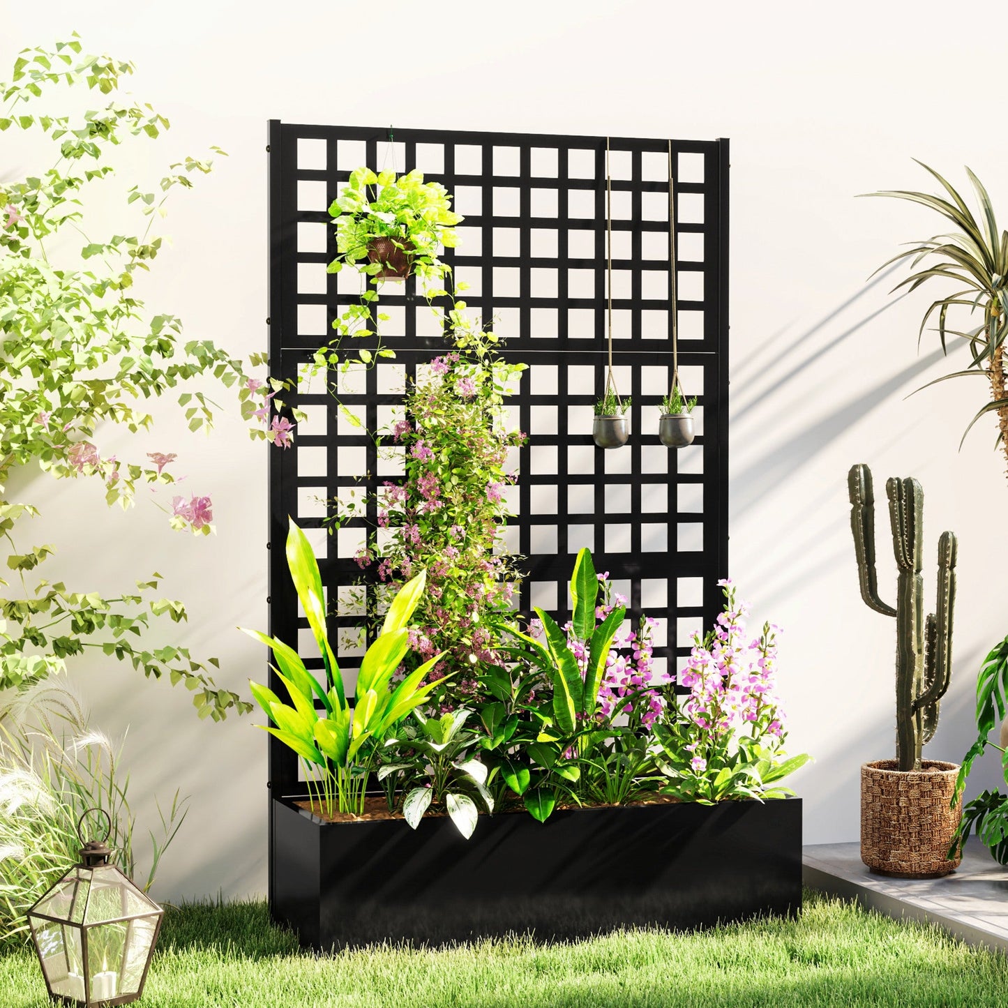 Galvanized Raised Garden Bed with Trellis, Metal Planter Box with Drainage Holes, Outdoor Privacy Screen for Climbing Plants, Vegetable, Vines, 43" x 16" x 70"