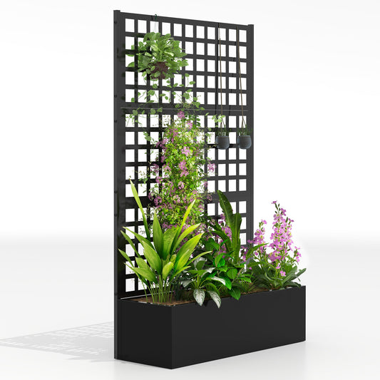 Galvanized Raised Garden Bed with Trellis, Metal Planter Box with Drainage Holes, Outdoor Privacy Screen for Climbing Plants, Vegetable, Vines, 43" x 16" x 70"