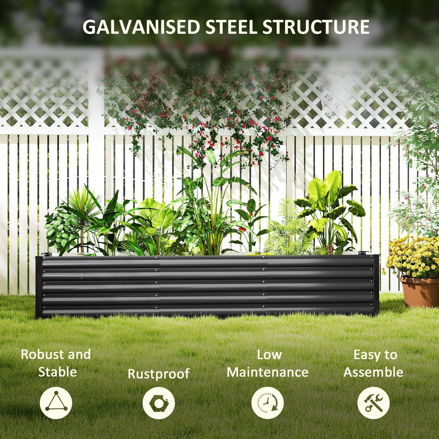 Galvanized Raised Garden Bed, 8 x 1.3 x 1.5ft Rectangular Planter Box, Reinforced Outdoor Raised Bed with Open Bottom for Vegetables, Flowers, Herbs, Dark Grey