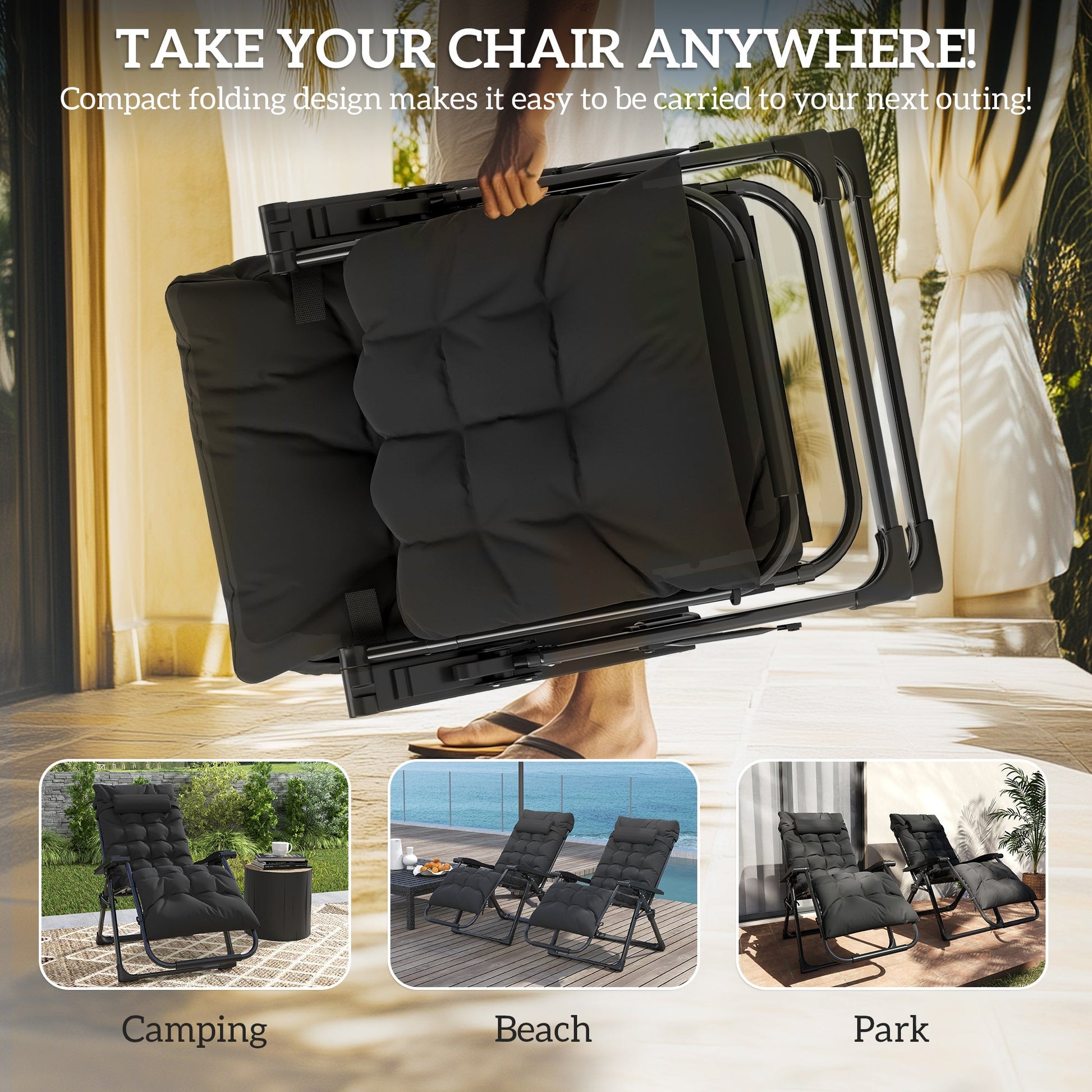 Reclining Zero Gravity Chair with Adjustable Backrest, Folding Garden Sun Lounger with Removable Cushion and Headrest, Set of 2, Black