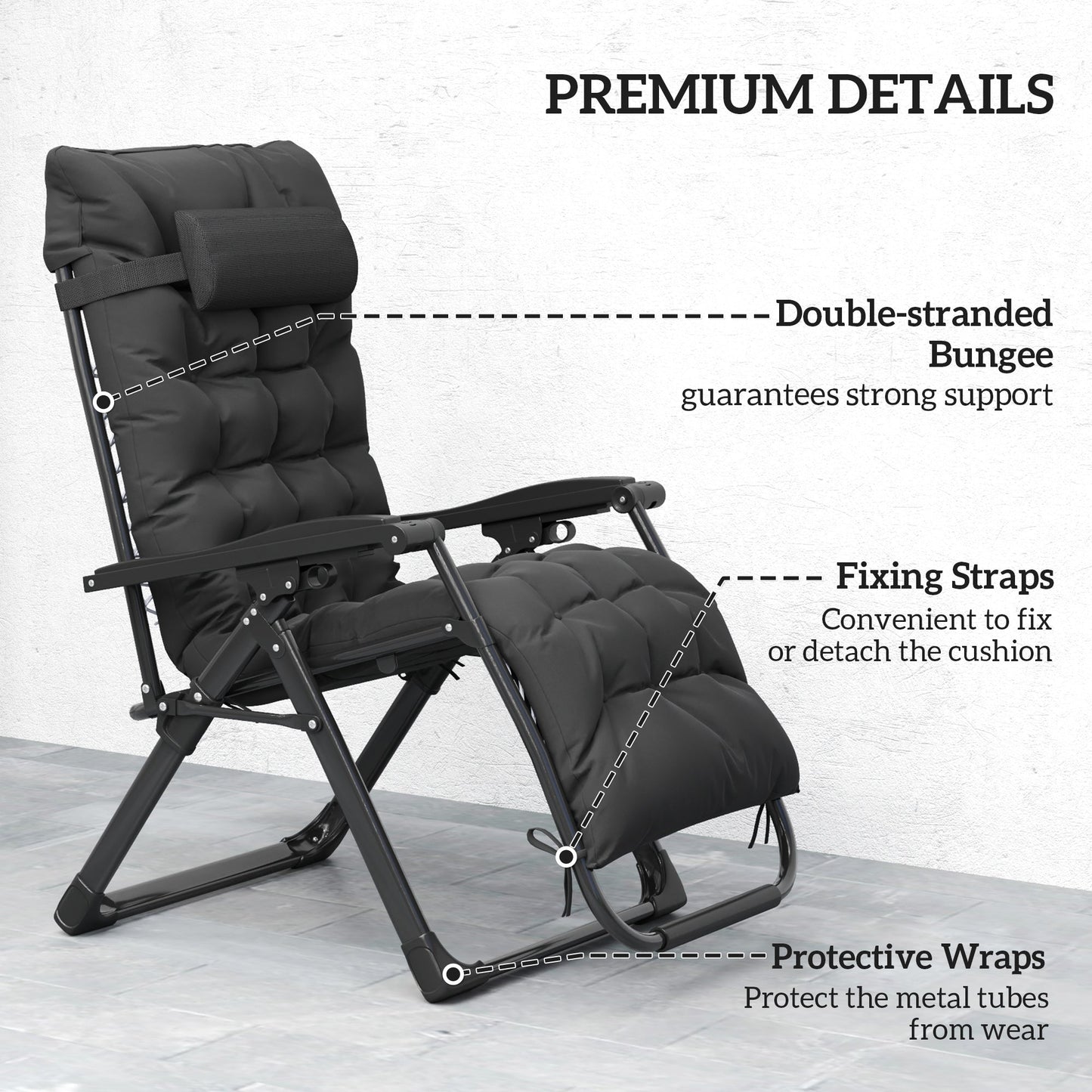 Reclining Zero Gravity Chair with Adjustable Backrest, Folding Garden Sun Lounger with Removable Cushion and Headrest, Set of 2, Black