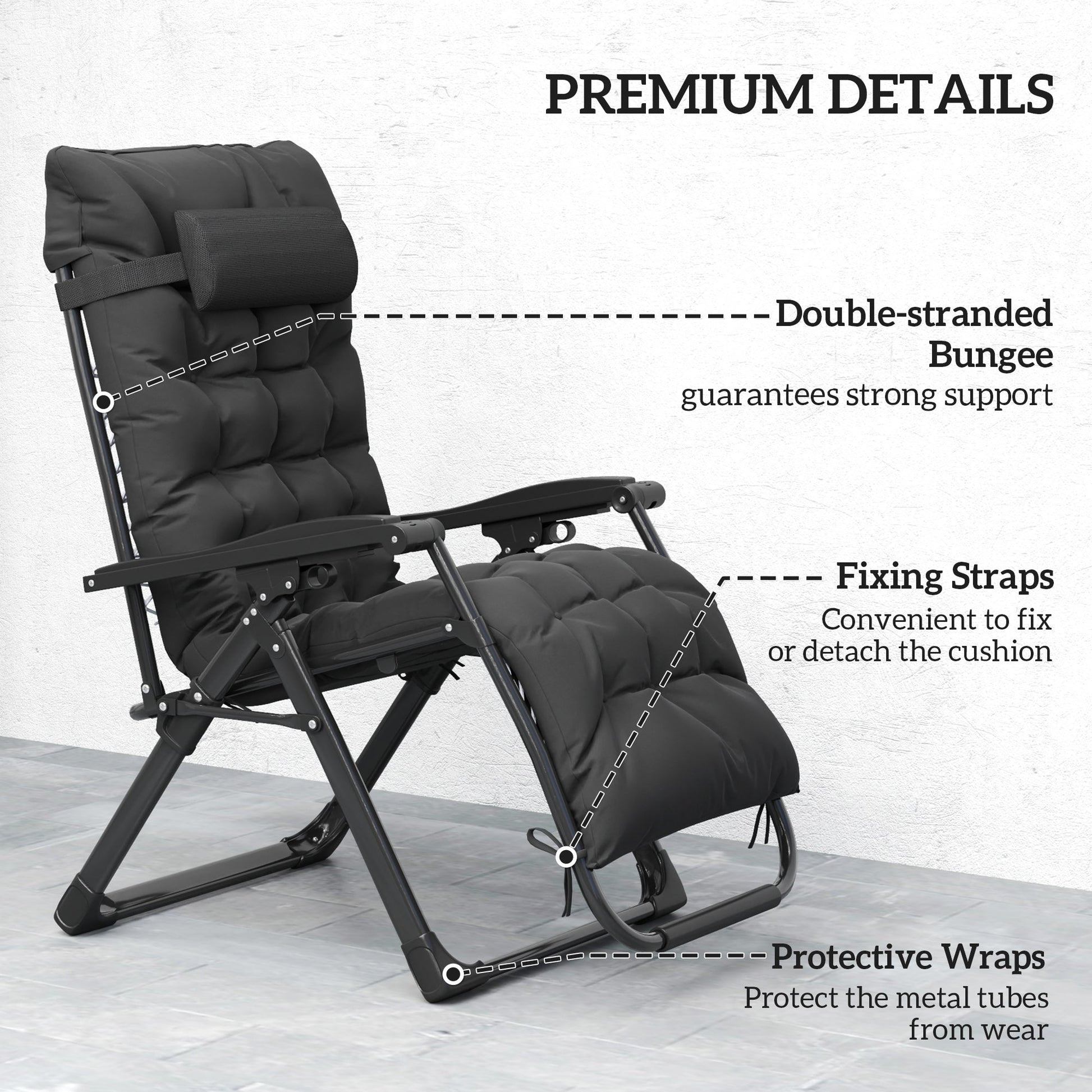Reclining Zero Gravity Chair with Adjustable Backrest, Folding Garden Sun Lounger with Removable Cushion and Headrest, Set of 2, Black