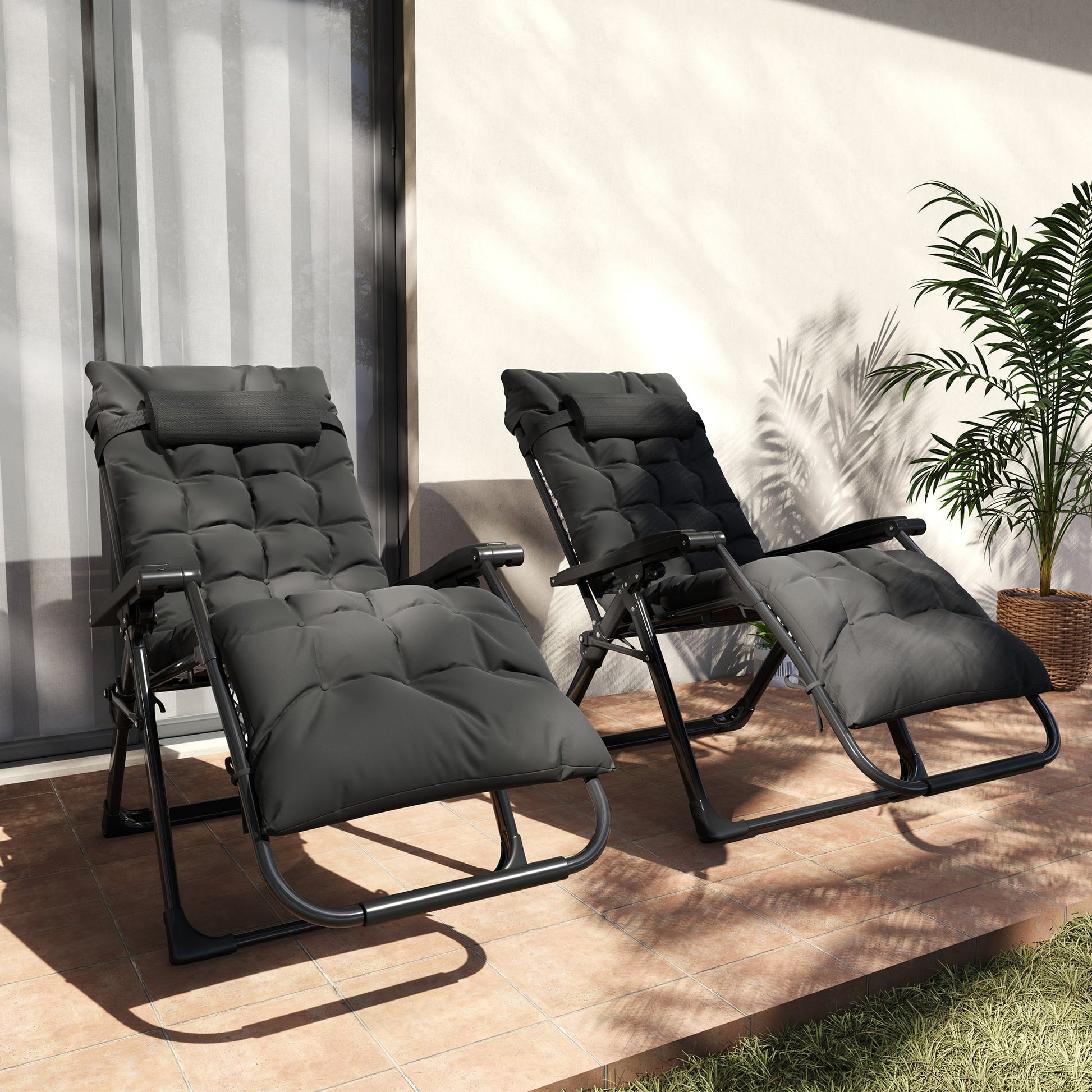 Reclining Zero Gravity Chair with Adjustable Backrest, Folding Garden Sun Lounger with Removable Cushion and Headrest, Set of 2, Black