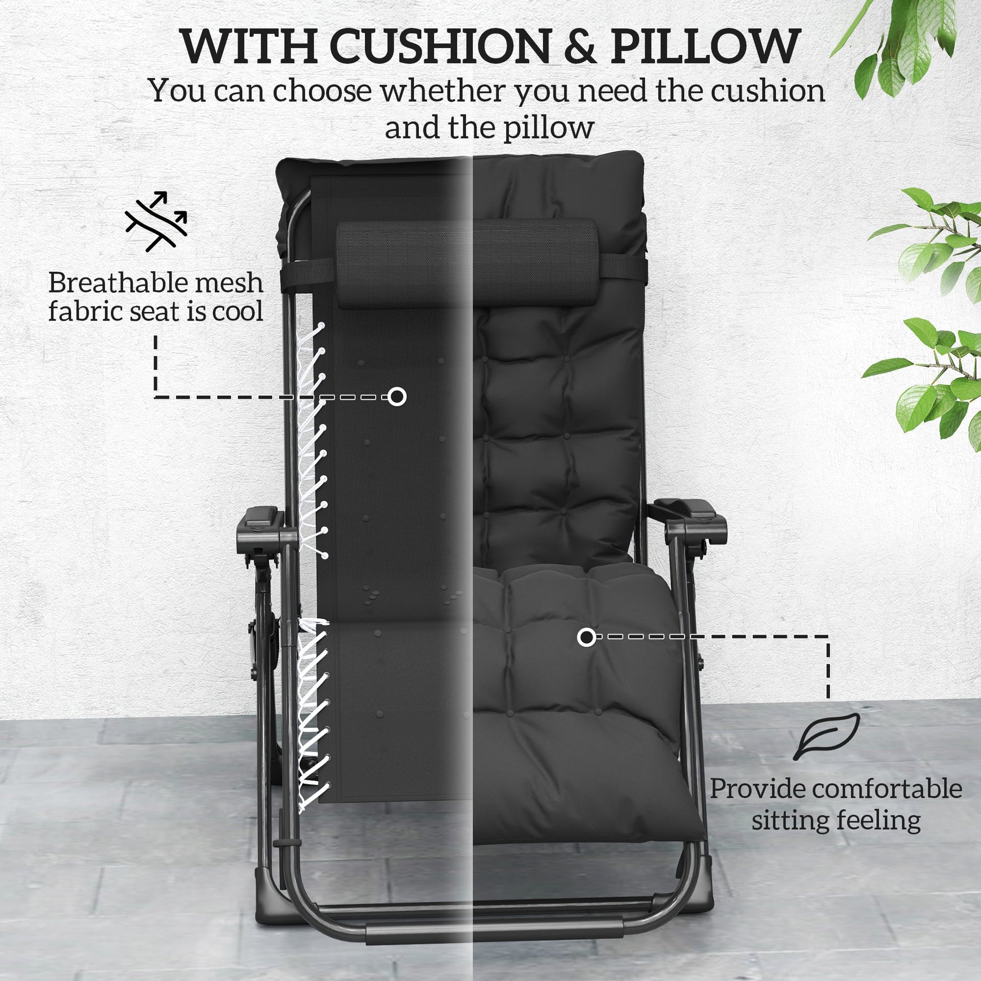 Reclining Zero Gravity Chair with Adjustable Backrest, Folding Garden Sun Lounger with Removable Cushion and Headrest, Set of 2, Black
