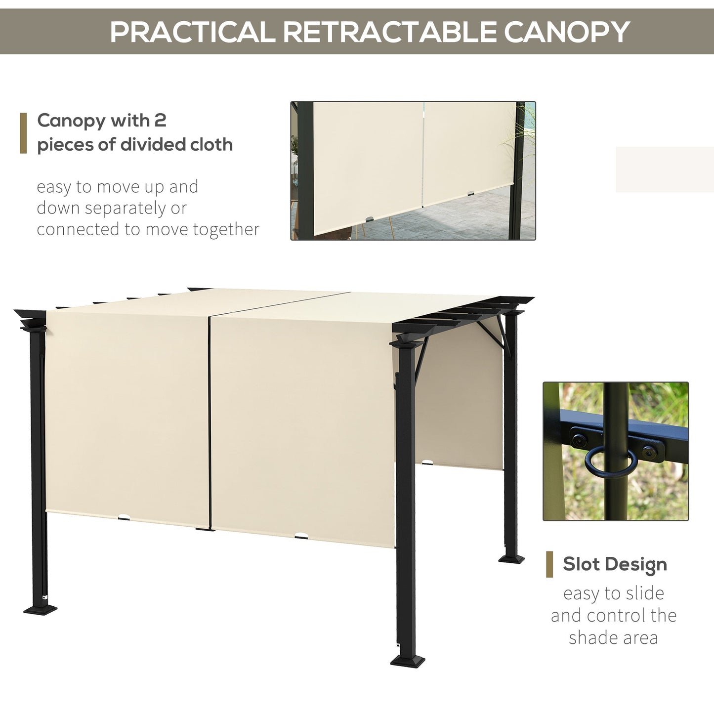 10' x 10' Retractable Pergola Canopy, Outdoor Gazebo with Sun Shade Canopy and Steel Frame, for Backyard, Garden, Patio, Deck, Beige