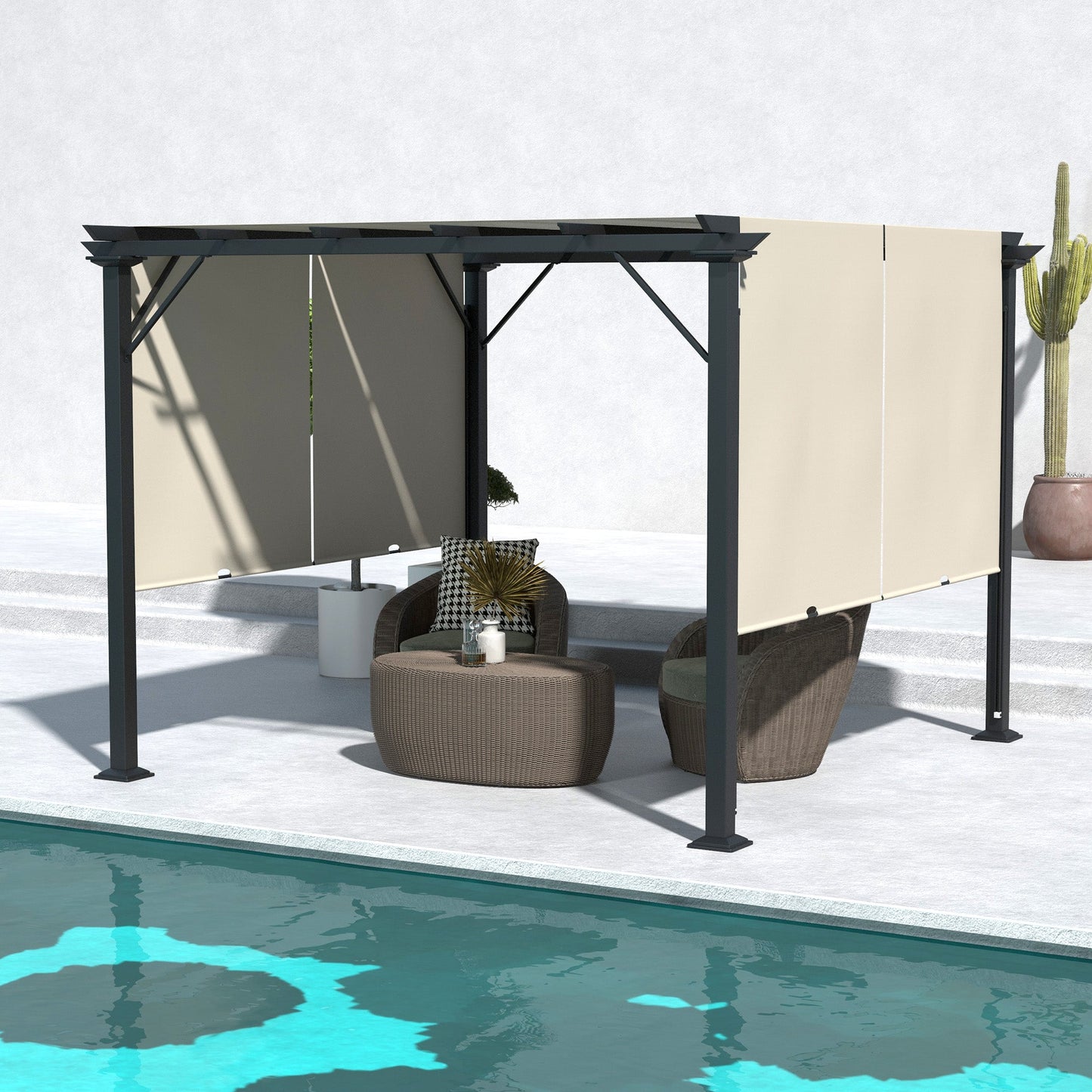 10' x 10' Retractable Pergola Canopy, Outdoor Gazebo with Sun Shade Canopy and Steel Frame, for Backyard, Garden, Patio, Deck, Beige