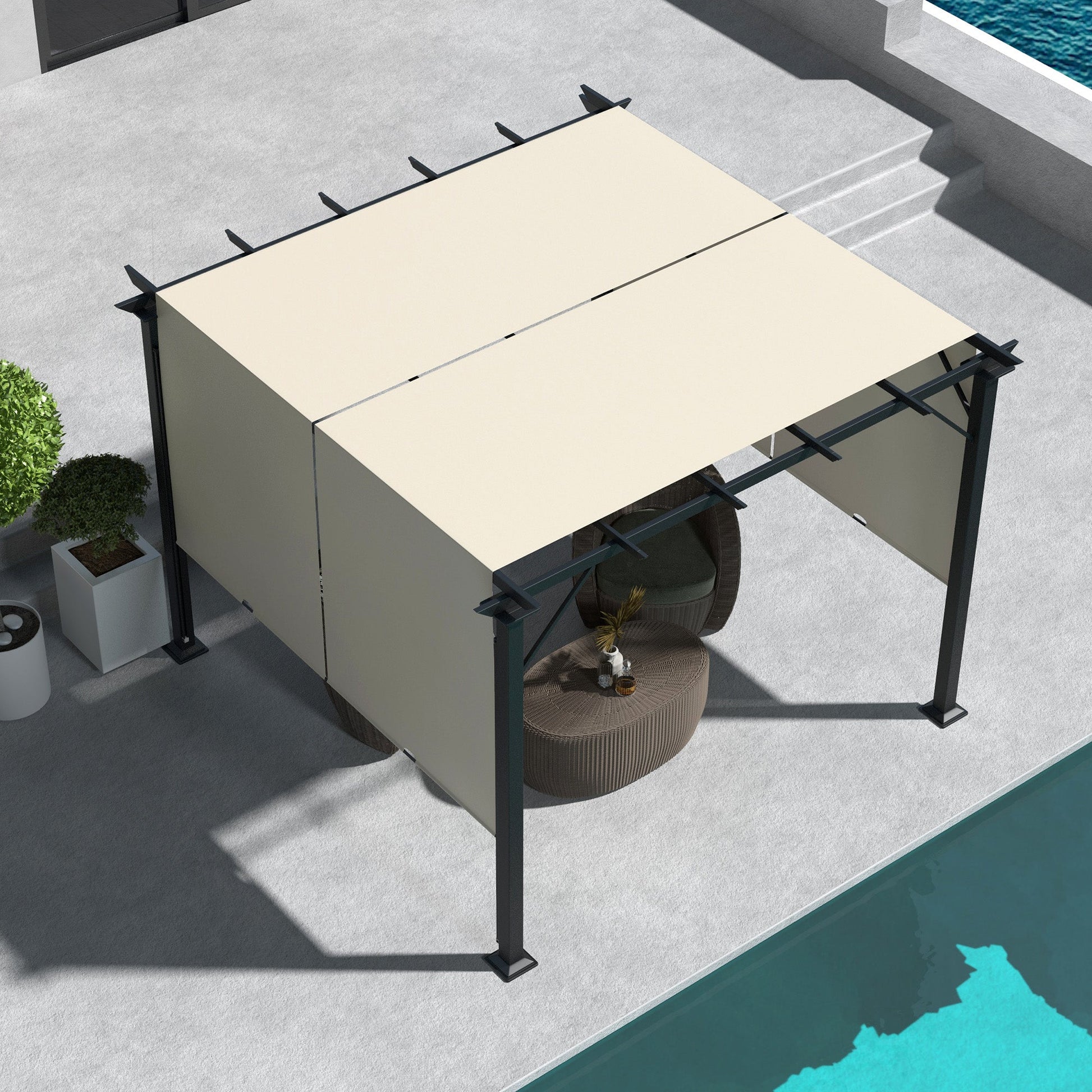 10' x 10' Retractable Pergola Canopy, Outdoor Gazebo with Sun Shade Canopy and Steel Frame, for Backyard, Garden, Patio, Deck, Beige