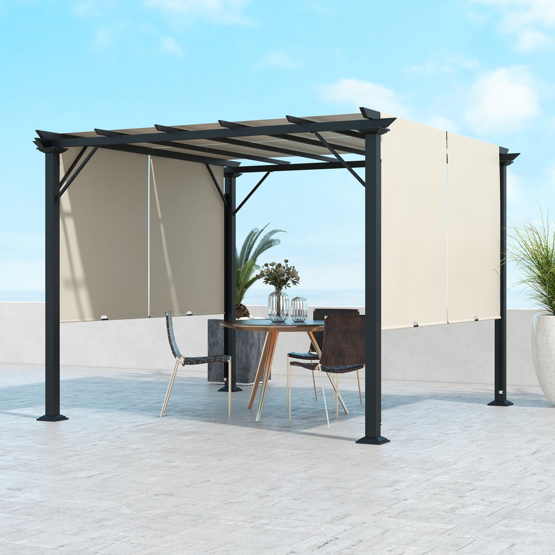 10' x 10' Retractable Pergola Canopy, Outdoor Gazebo with Sun Shade Canopy and Steel Frame, for Backyard, Garden, Patio, Deck, Beige