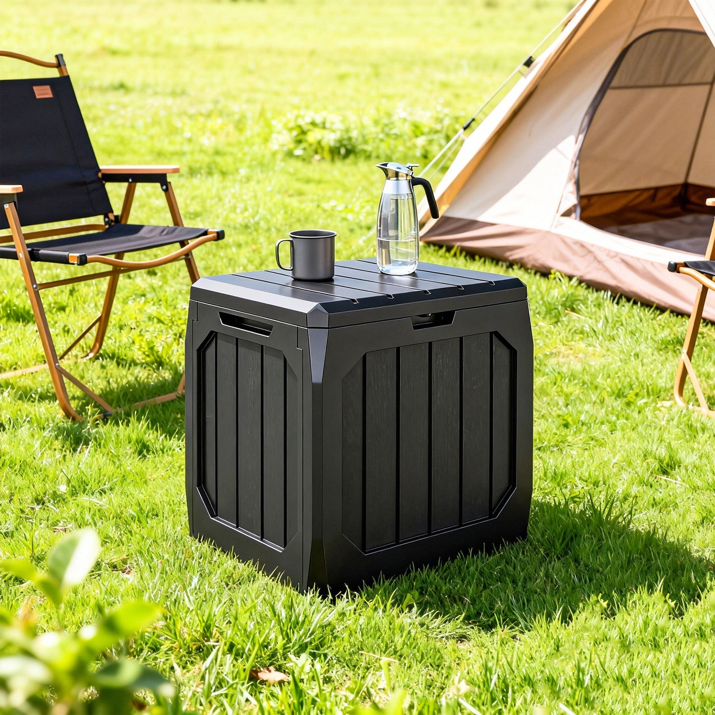 32 Gallon Deck Box, Plastic Outdoor Storage Box with Handles, Waterproof and UV Resistant Storage Container for Garden Tools and Pool Supplies, Black