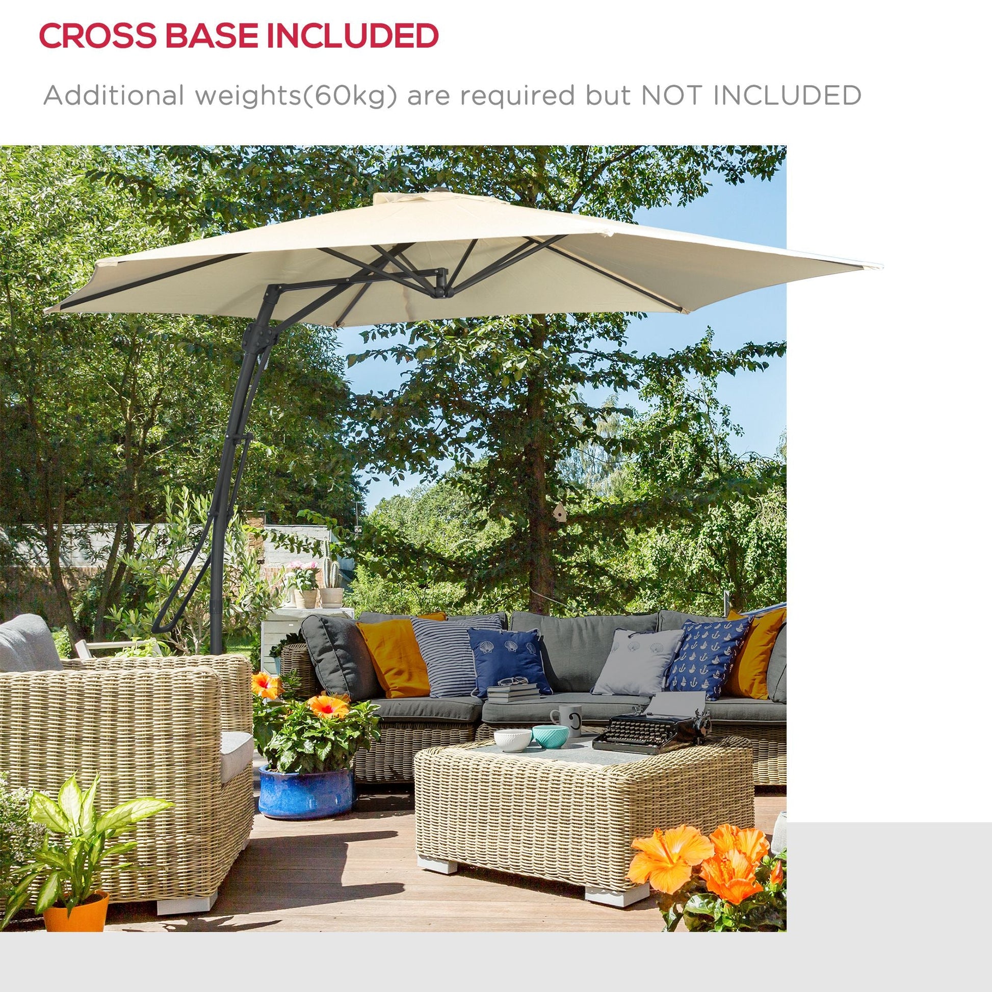 9.6ft Cantilever Patio Umbrella with Easy Lever, Offset Umbrella with Crank Handle, Cross Base, 6 Metal Ribs, Outdoor Sun Shade for Garden, Deck, Cream White