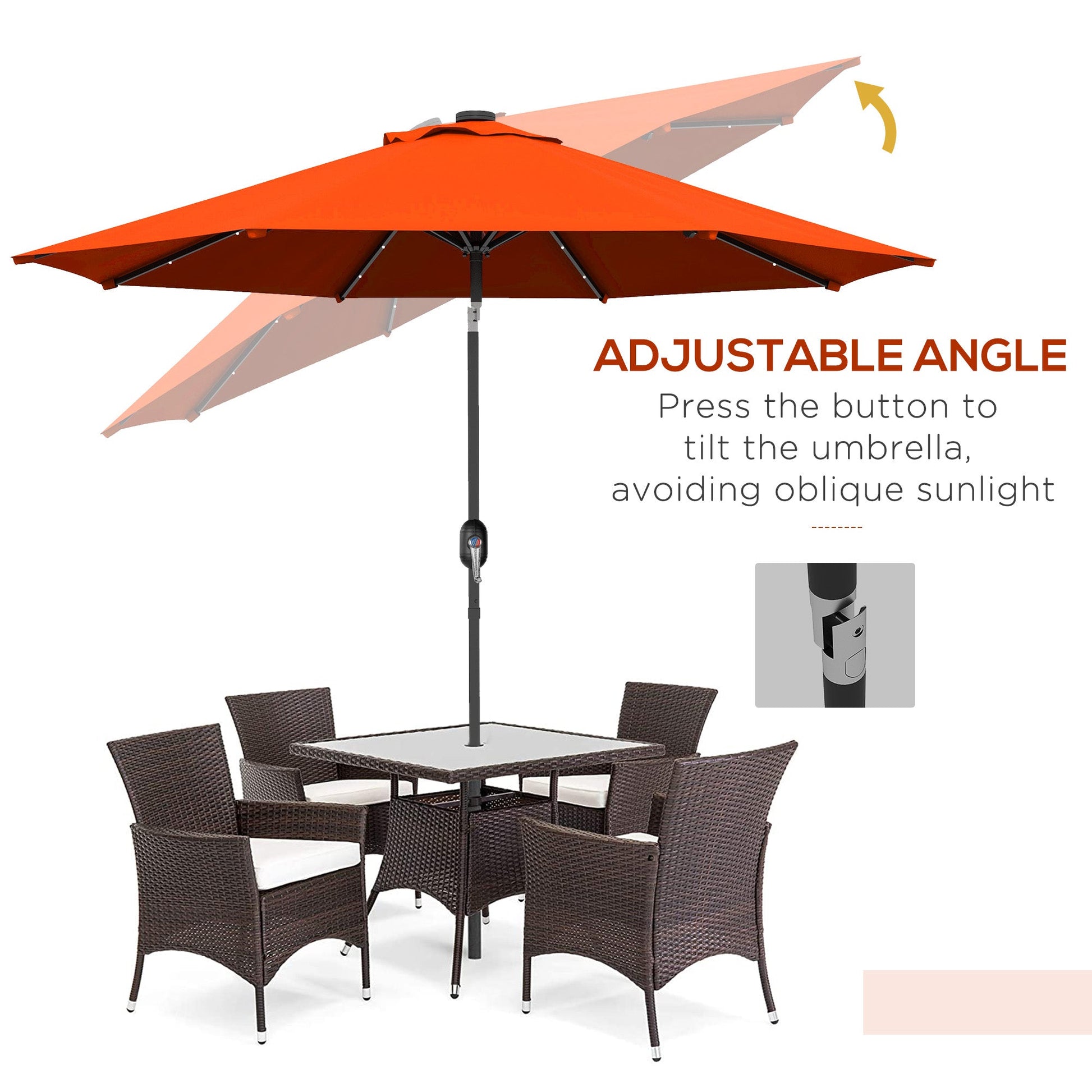 9ft Solar Patio Umbrella Outdoor Sunshade 24 LED Lights Tilt Canopy, Orange