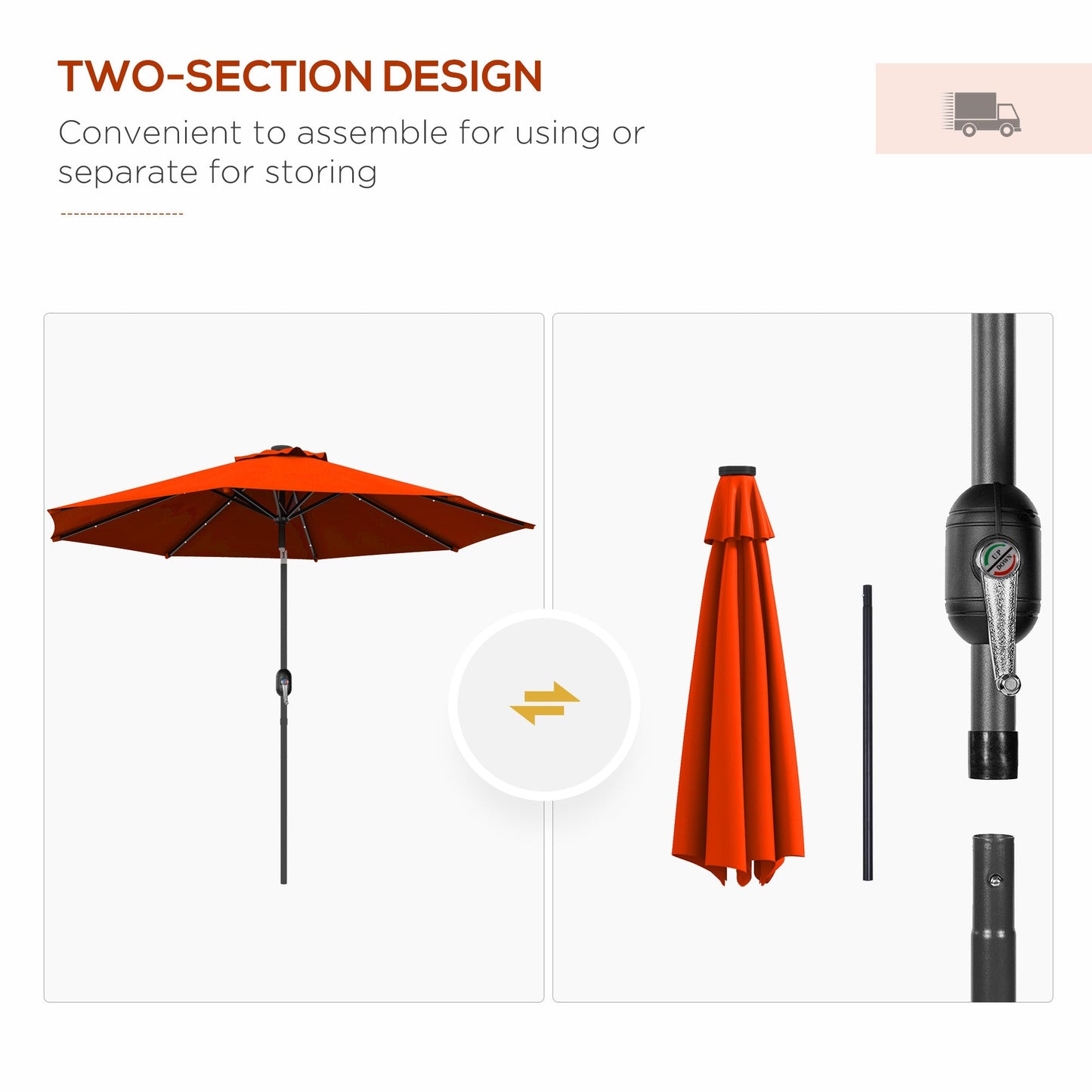 9ft Solar Patio Umbrella Outdoor Sunshade 24 LED Lights Tilt Canopy, Orange