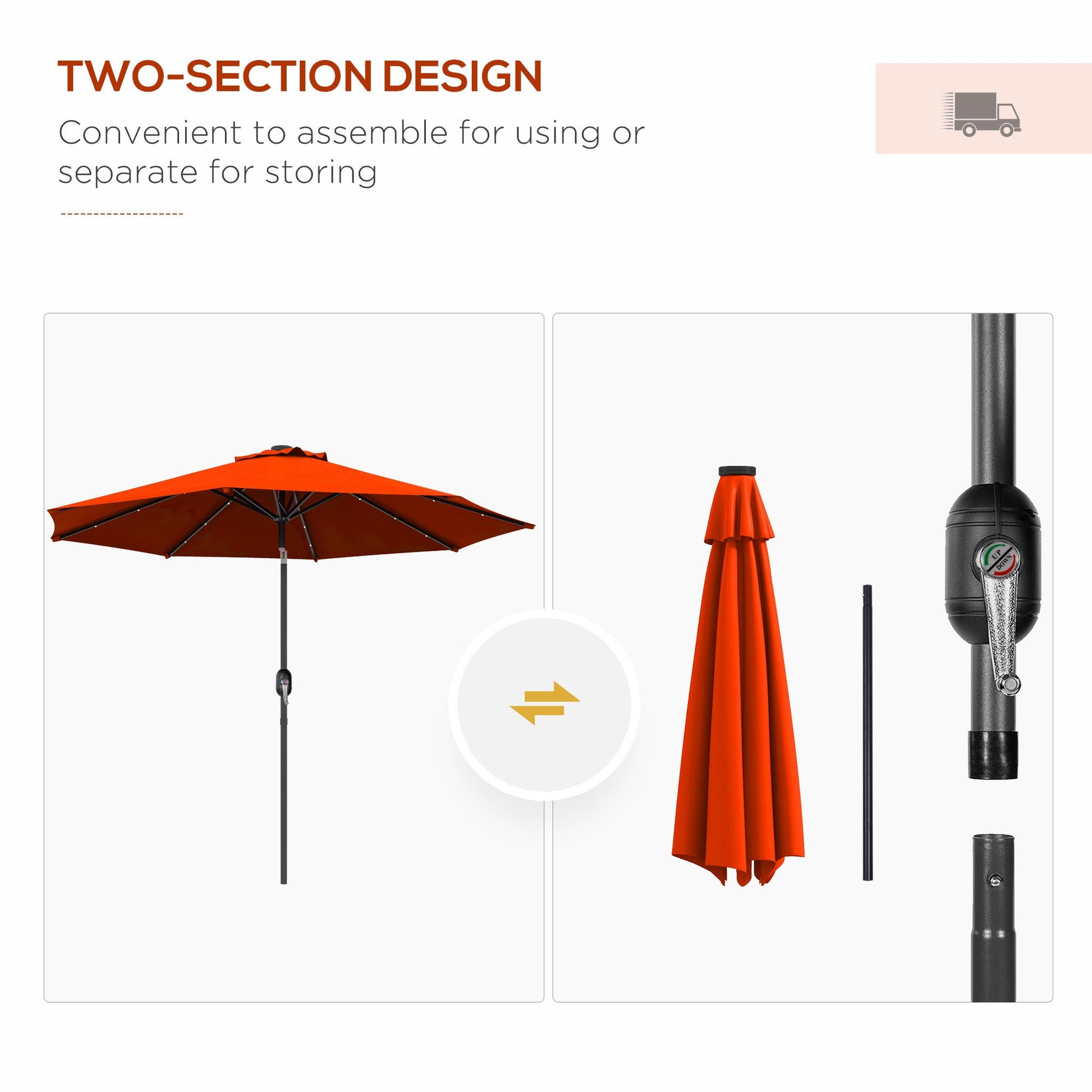 9ft Solar Patio Umbrella Outdoor Sunshade 24 LED Lights Tilt Canopy, Orange
