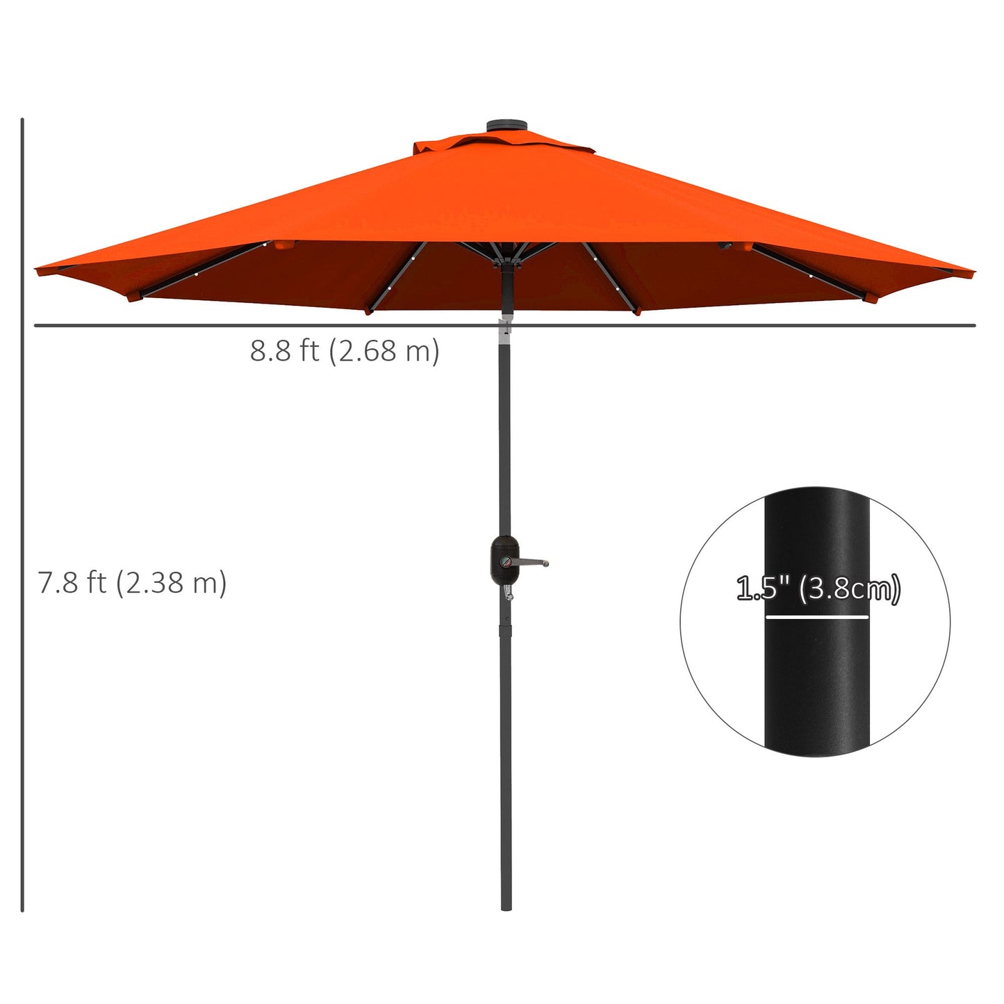 9ft Solar Patio Umbrella Outdoor Sunshade 24 LED Lights Tilt Canopy, Orange