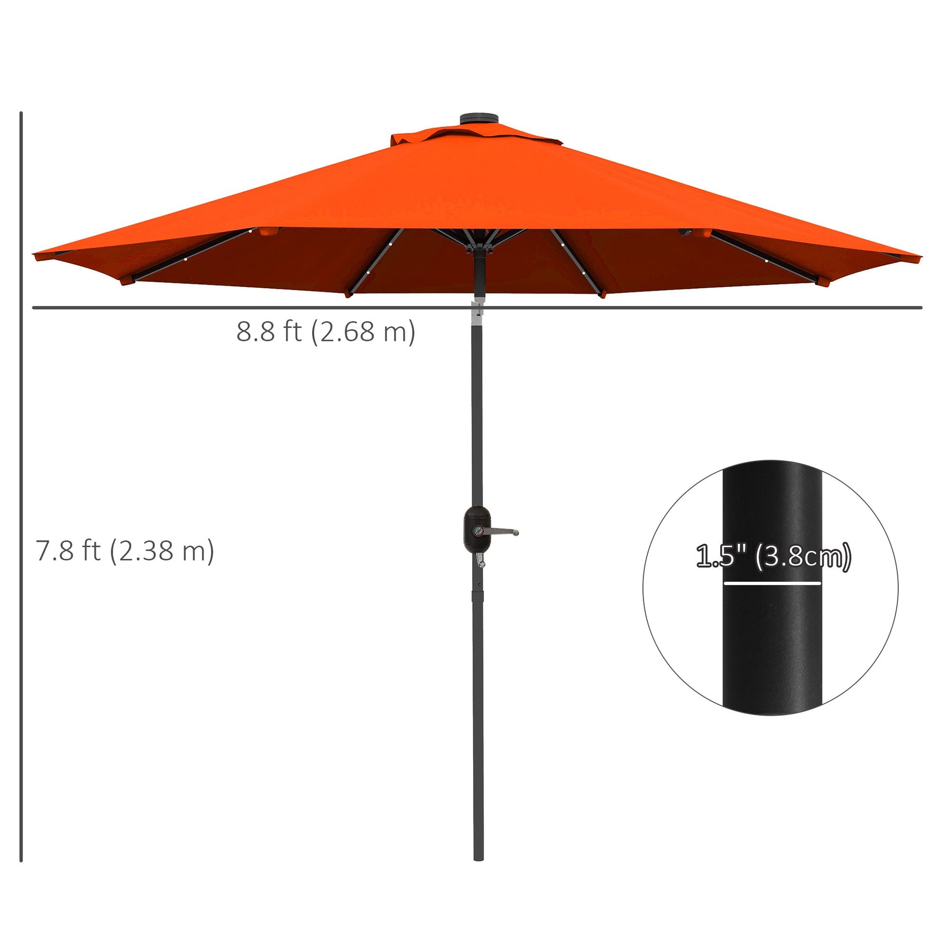 9ft Solar Patio Umbrella Outdoor Sunshade 24 LED Lights Tilt Canopy, Orange