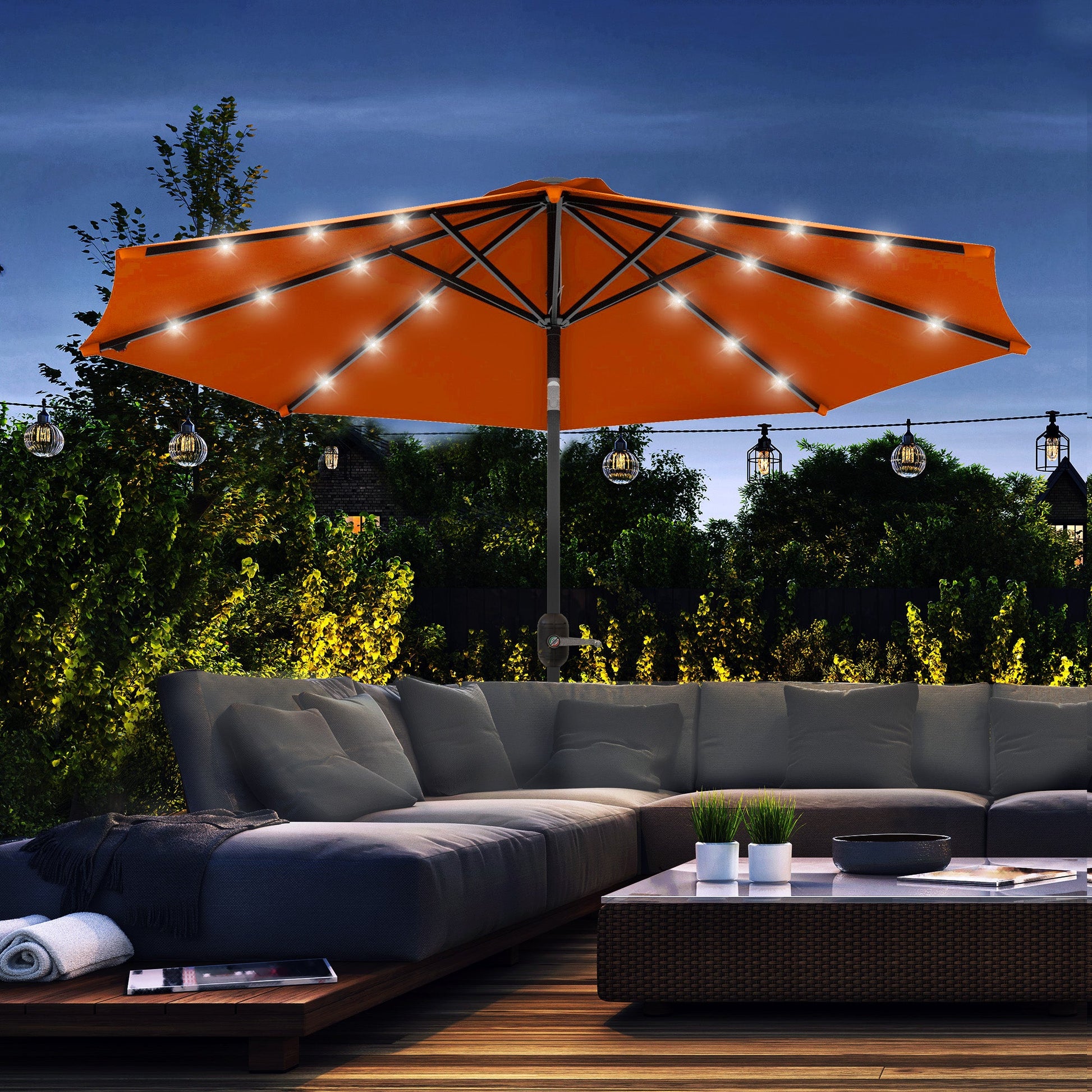 9ft Solar Patio Umbrella Outdoor Sunshade 24 LED Lights Tilt Canopy, Orange