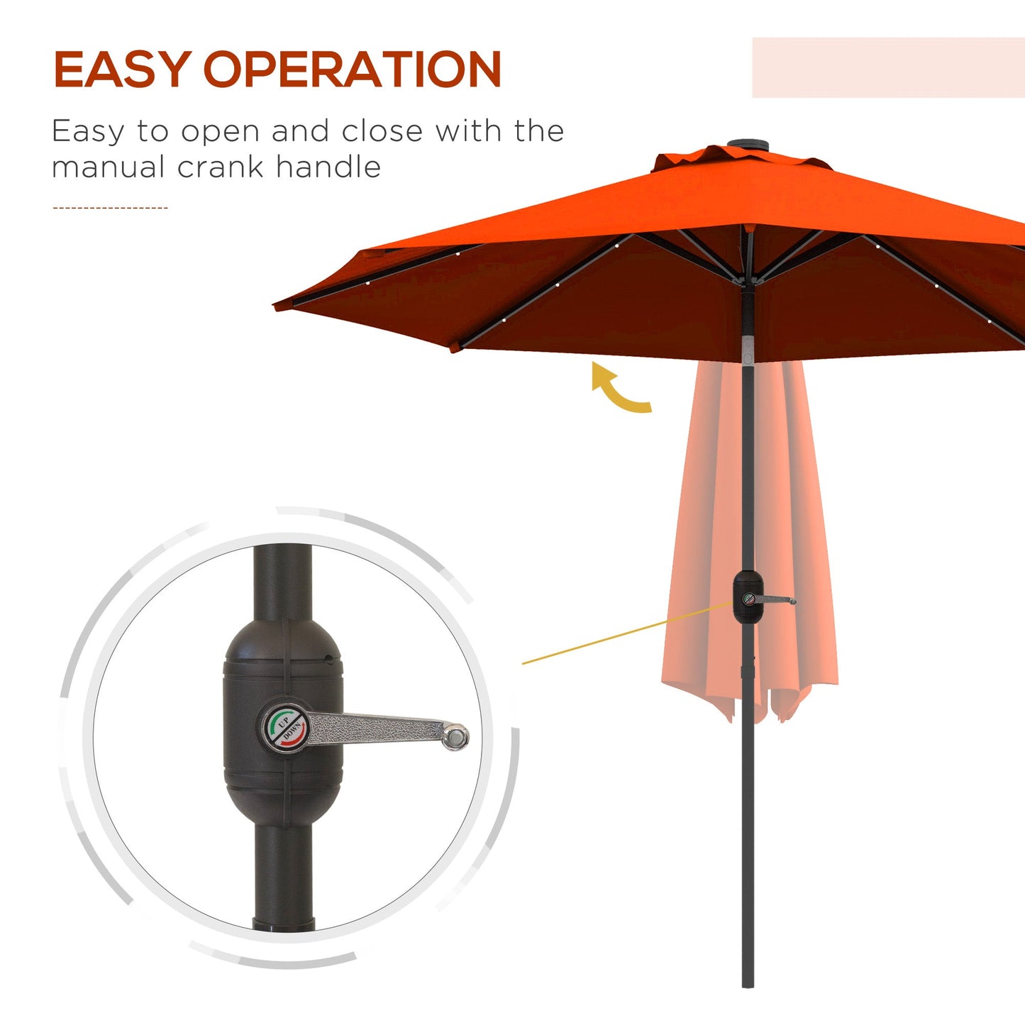 9ft Solar Patio Umbrella Outdoor Sunshade 24 LED Lights Tilt Canopy, Orange
