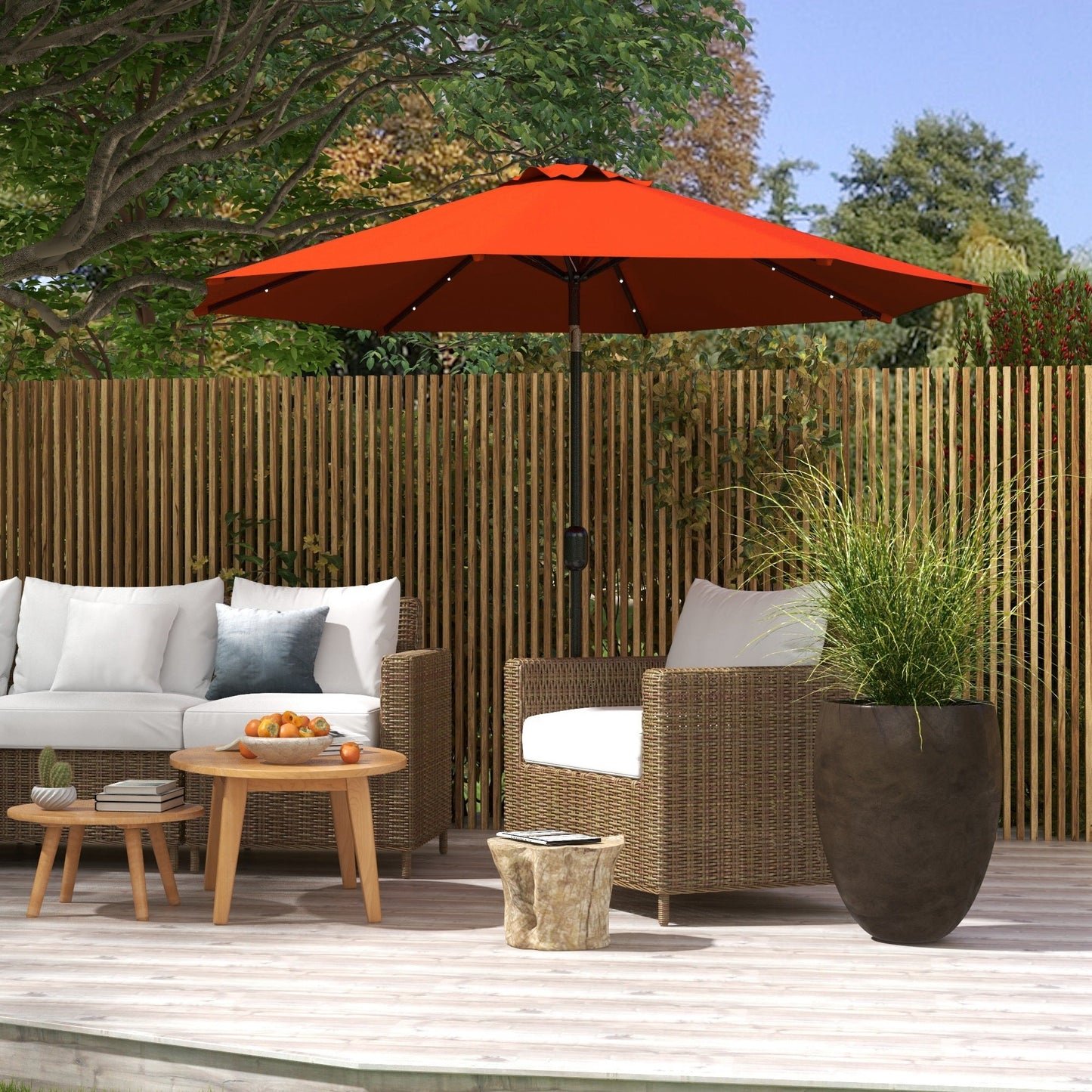 9ft Solar Patio Umbrella Outdoor Sunshade 24 LED Lights Tilt Canopy, Orange