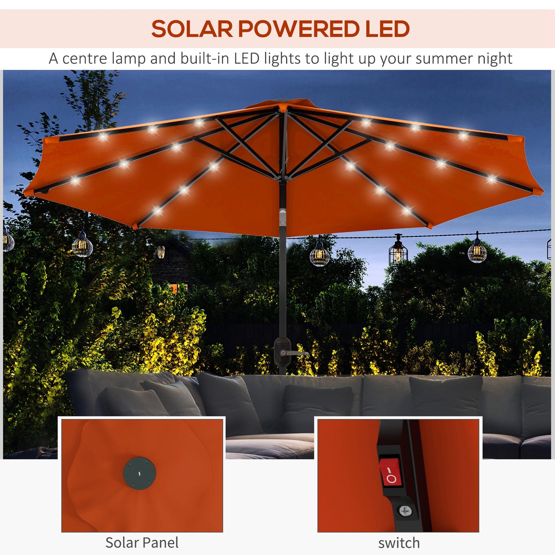 9ft Solar Patio Umbrella Outdoor Sunshade 24 LED Lights Tilt Canopy, Orange