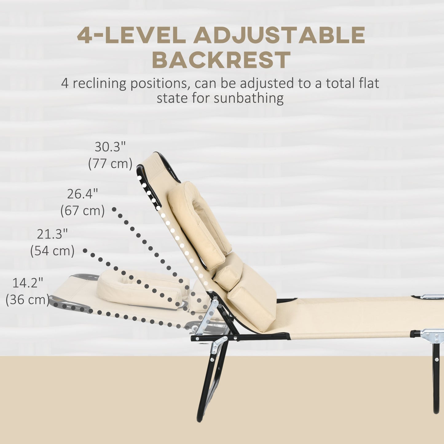 2PCS Adjustable Outdoor Lounge Chair, Garden Folding Chaise Lounge with Face Hole Reclining Tanning Chair Seat, Folding Camping Beach Lounging Bed w/ Head Support, Beige
