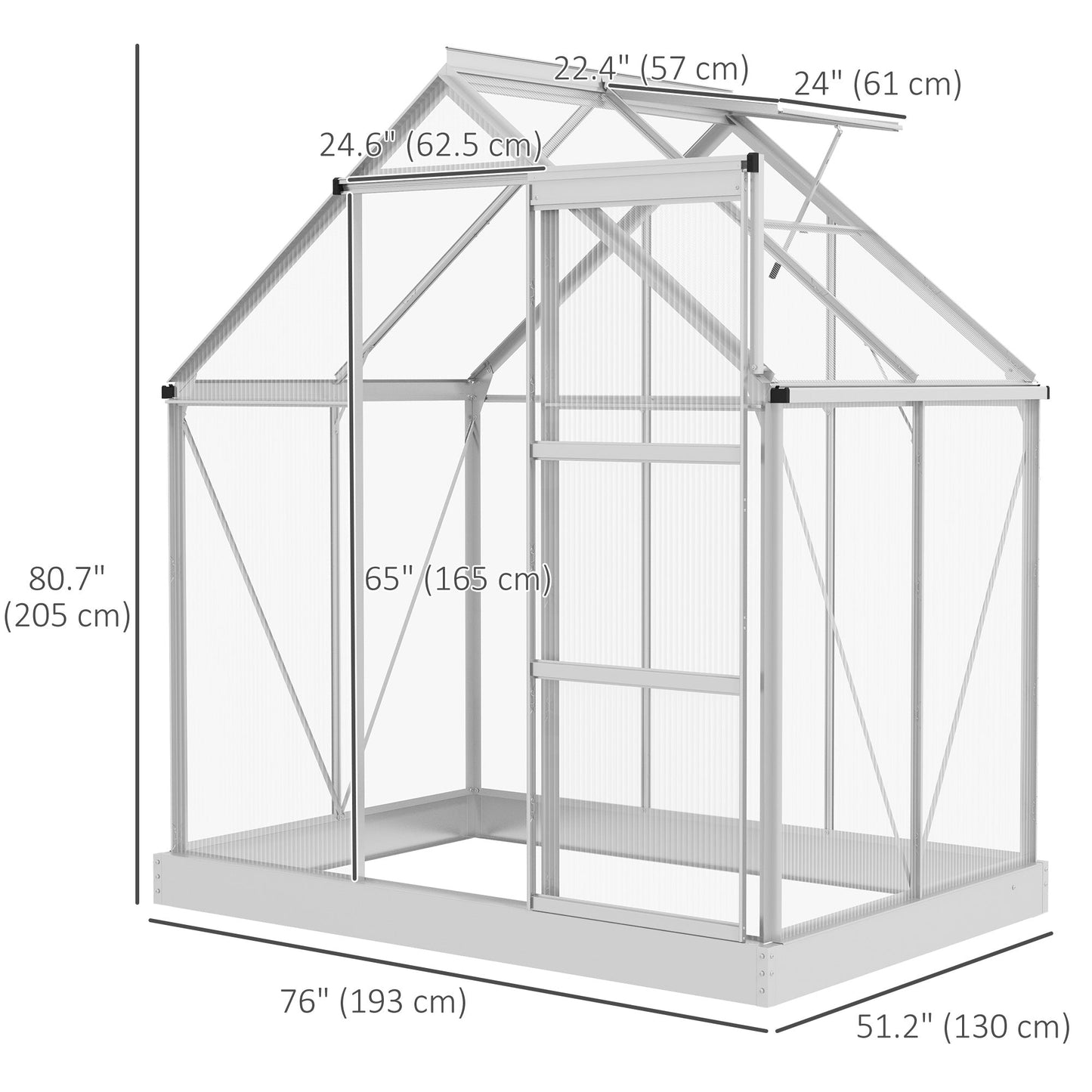6' x 4' Polycarbonate Greenhouse, Walk-In Greenhouse with Sliding Door, Adjustable Vent, Aluminium Frame and Foundation Kit, Garden Grow House with Rain Gutter, Silver