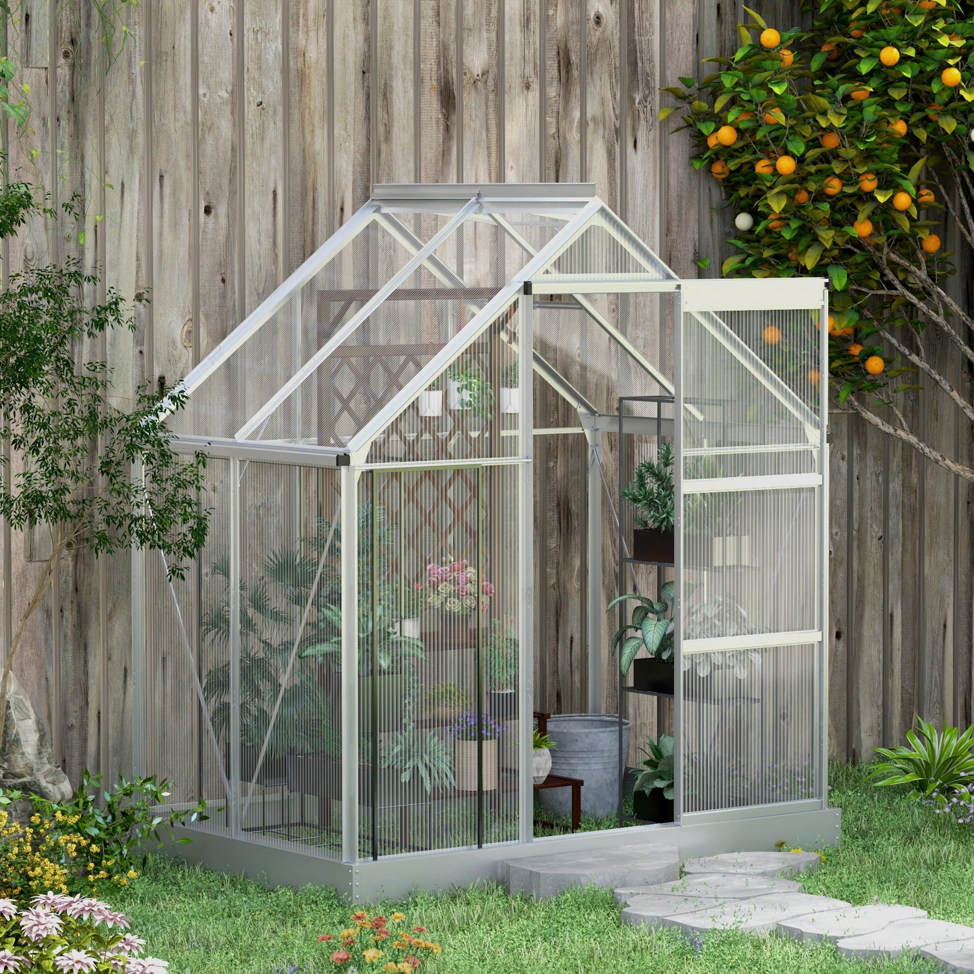 6' x 4' Polycarbonate Greenhouse, Walk-In Greenhouse with Sliding Door, Adjustable Vent, Aluminium Frame and Foundation Kit, Garden Grow House with Rain Gutter, Silver