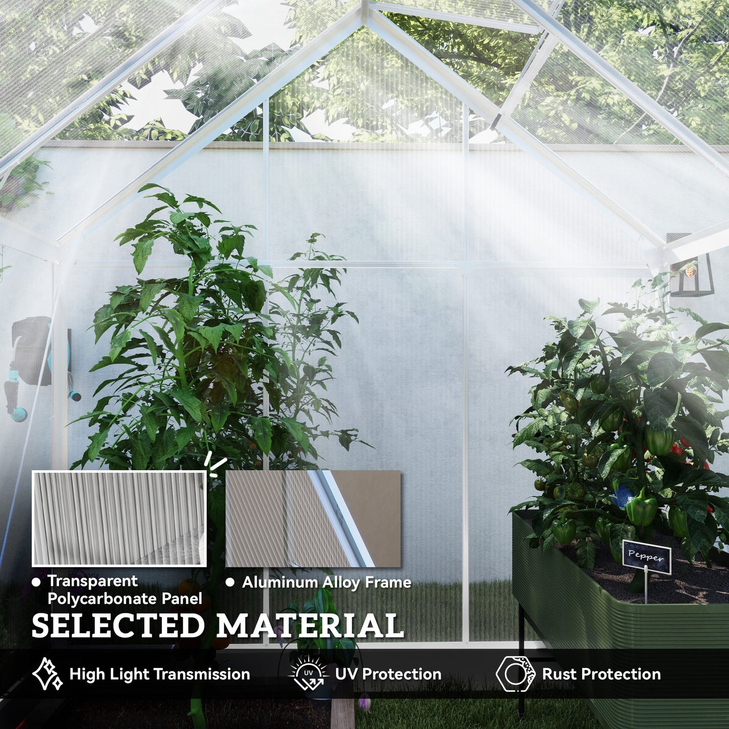 6' x 4' Polycarbonate Greenhouse, Walk-In Greenhouse with Sliding Door, Adjustable Vent, Aluminium Frame and Foundation Kit, Garden Grow House with Rain Gutter, Silver